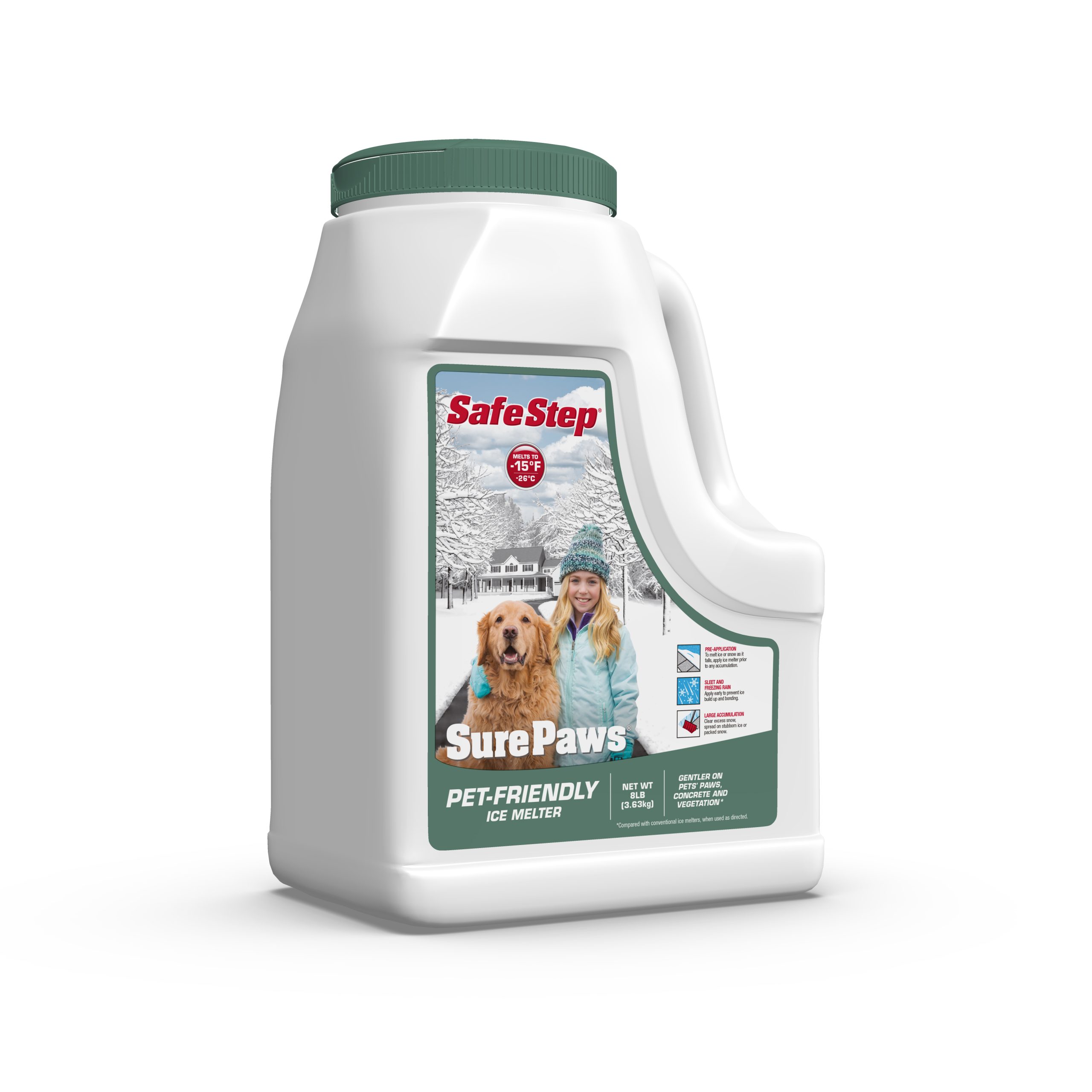 The right side of an 8-pound jug of Safe Step Sure Paws ice melter.