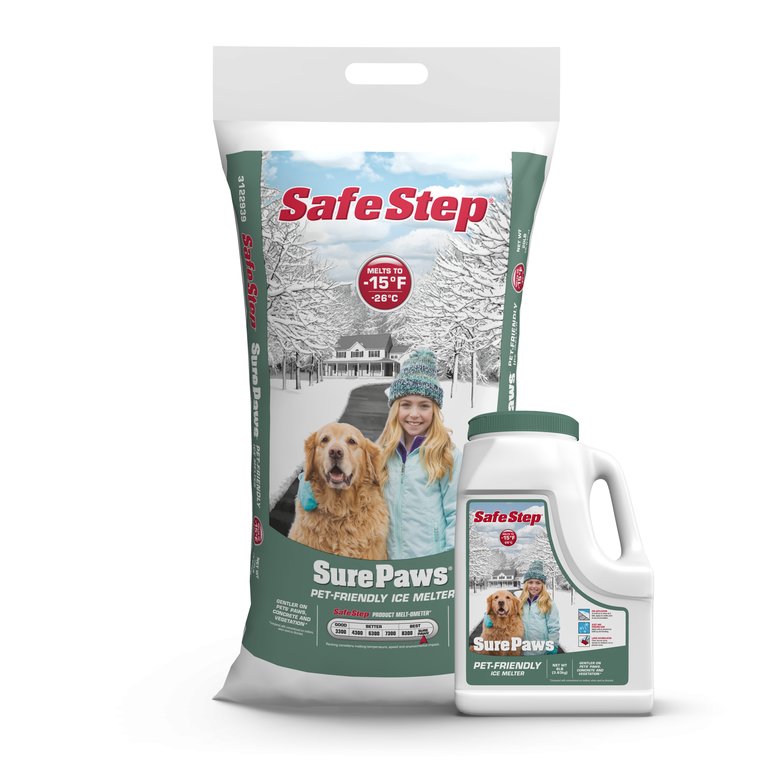 The front of a bag and a jug of Safe Step Sure Paws ice melter.