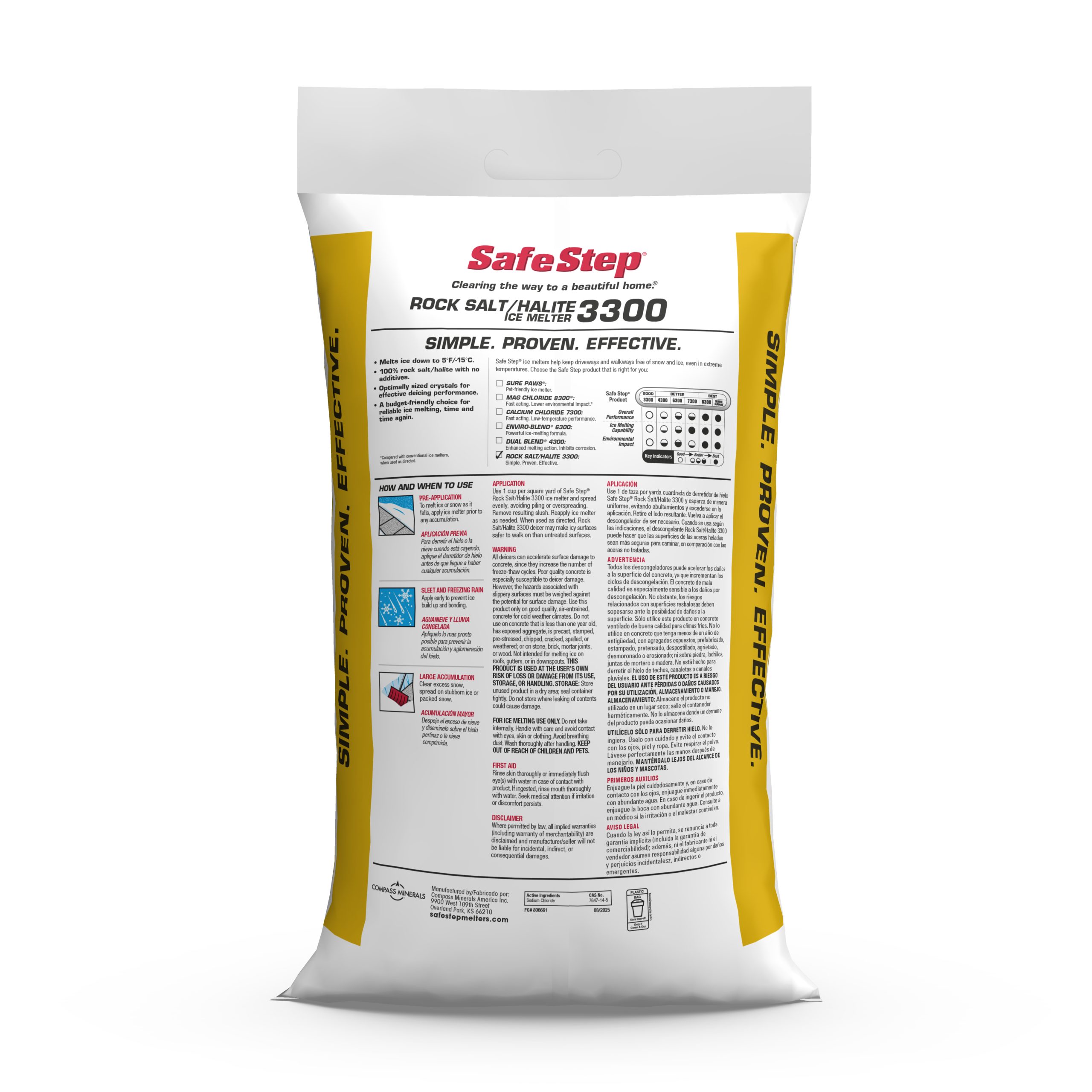 The back of a 25-pound bag of Safe Step Rock Salt/Halite 3300 ice melter.