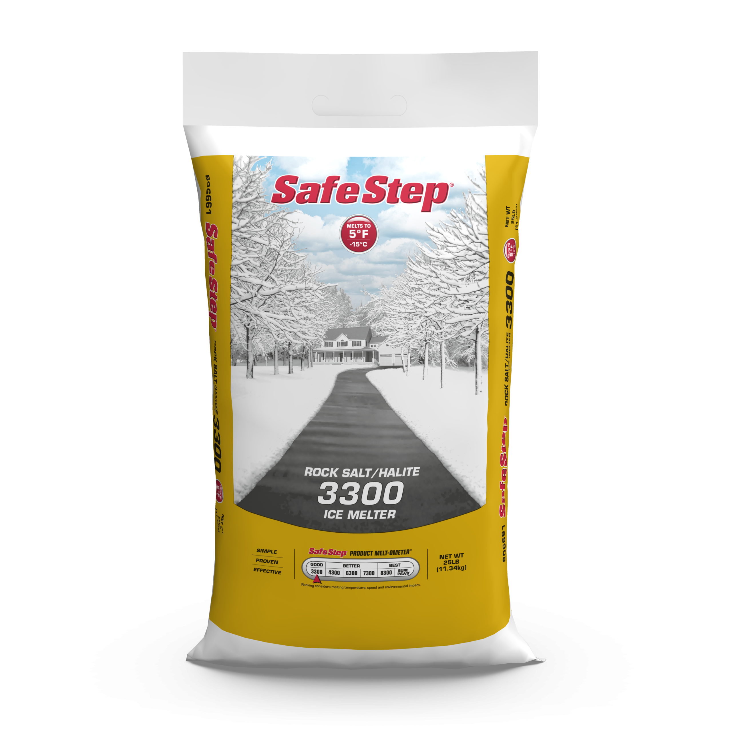 The front of a 25-pound bag of Safe Step Rock Salt/Halite 3300 ice melter.