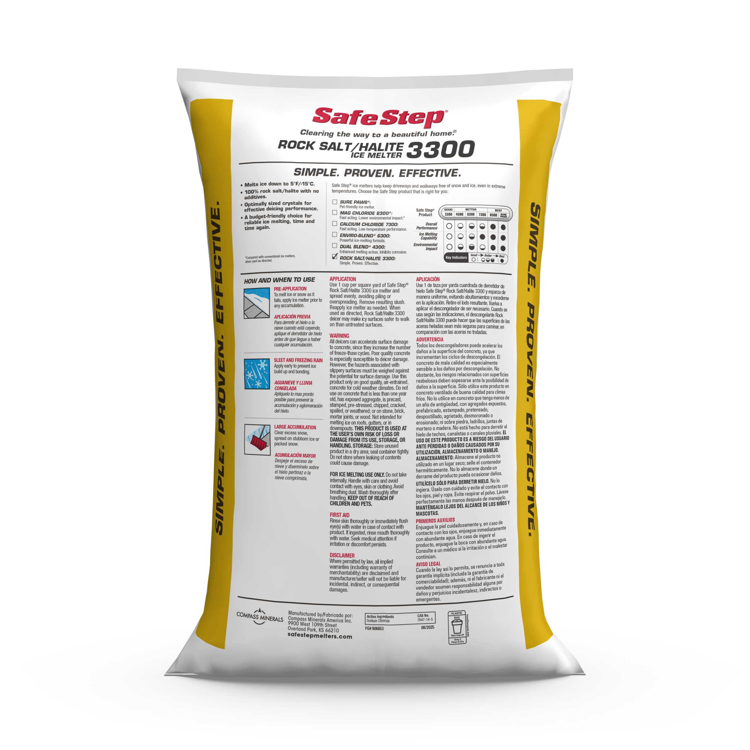 The back of a 50-pound bag of Safe Step Rock Salt/Halite 3300 ice melter.