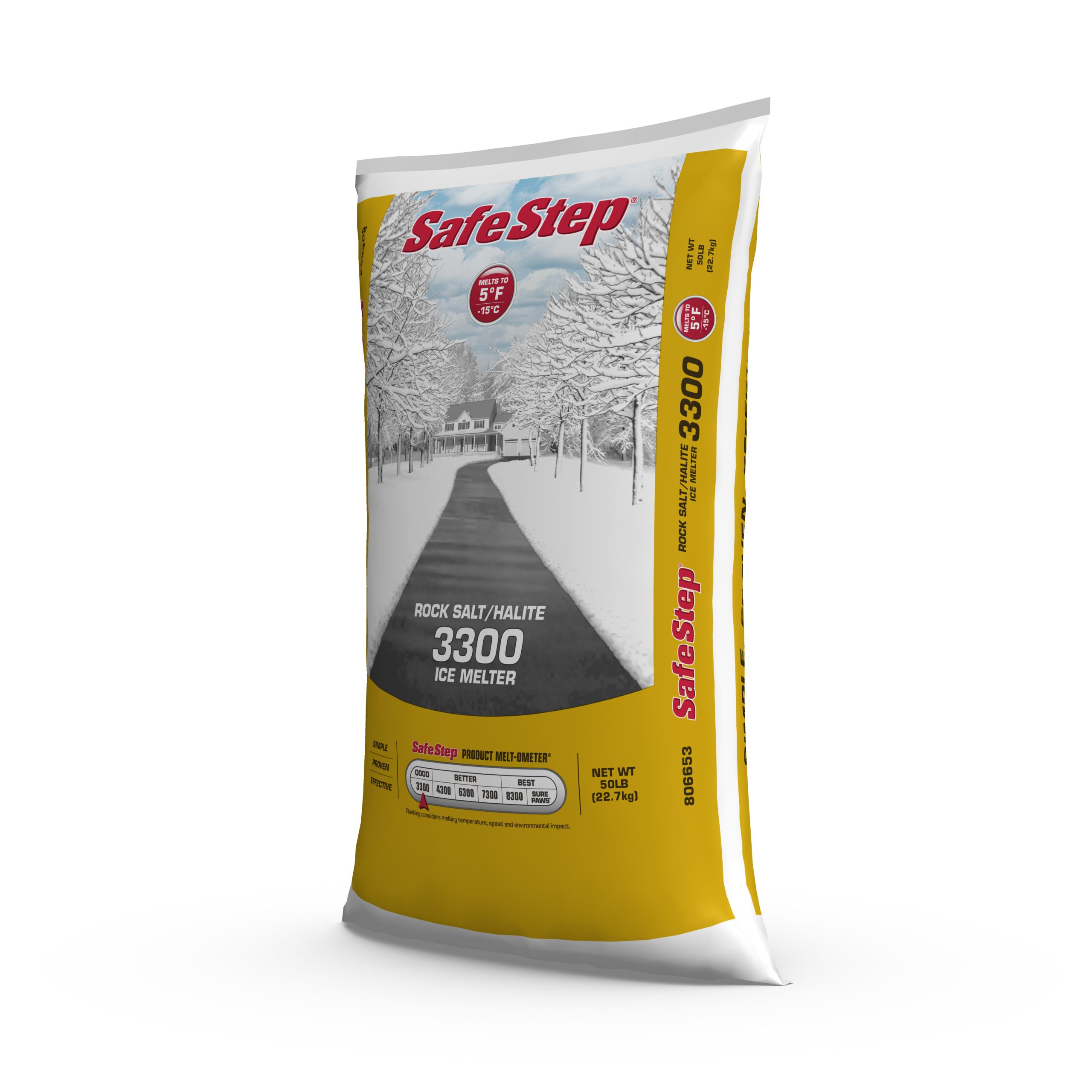 The left side of a 50-pound bag of Safe Step Rock Salt/Halite 3300 ice melter.