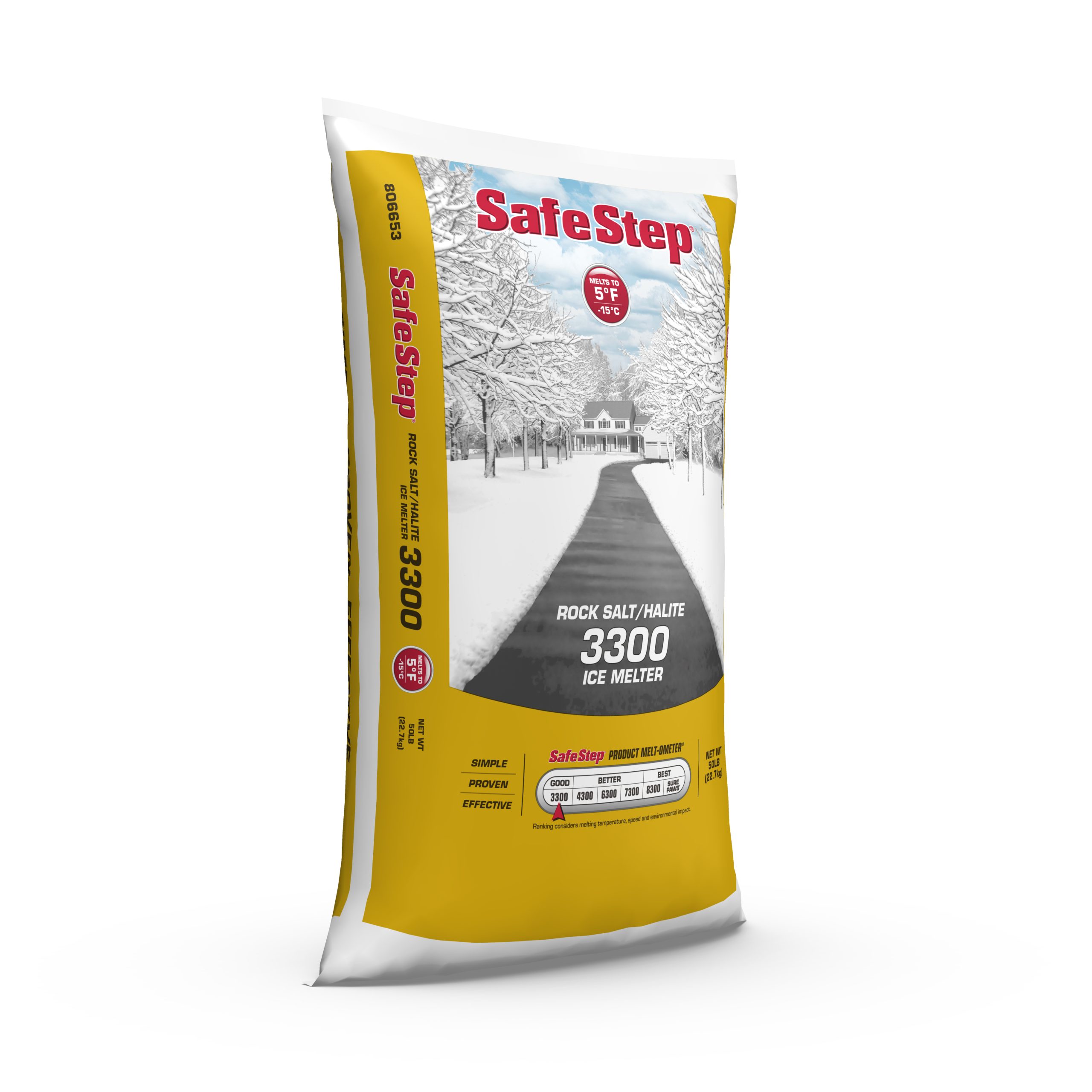The right side of a 50-pound bag of Safe Step Rock Salt/Halite 3300 ice melter.