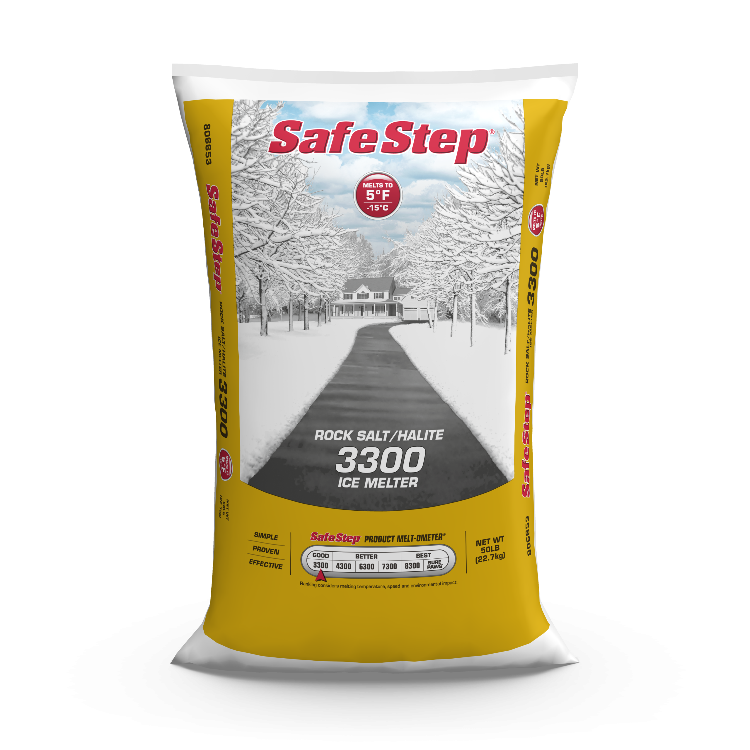The front of a 50-pound bag of Safe Step Rock Salt/Halite 3300 ice melter.