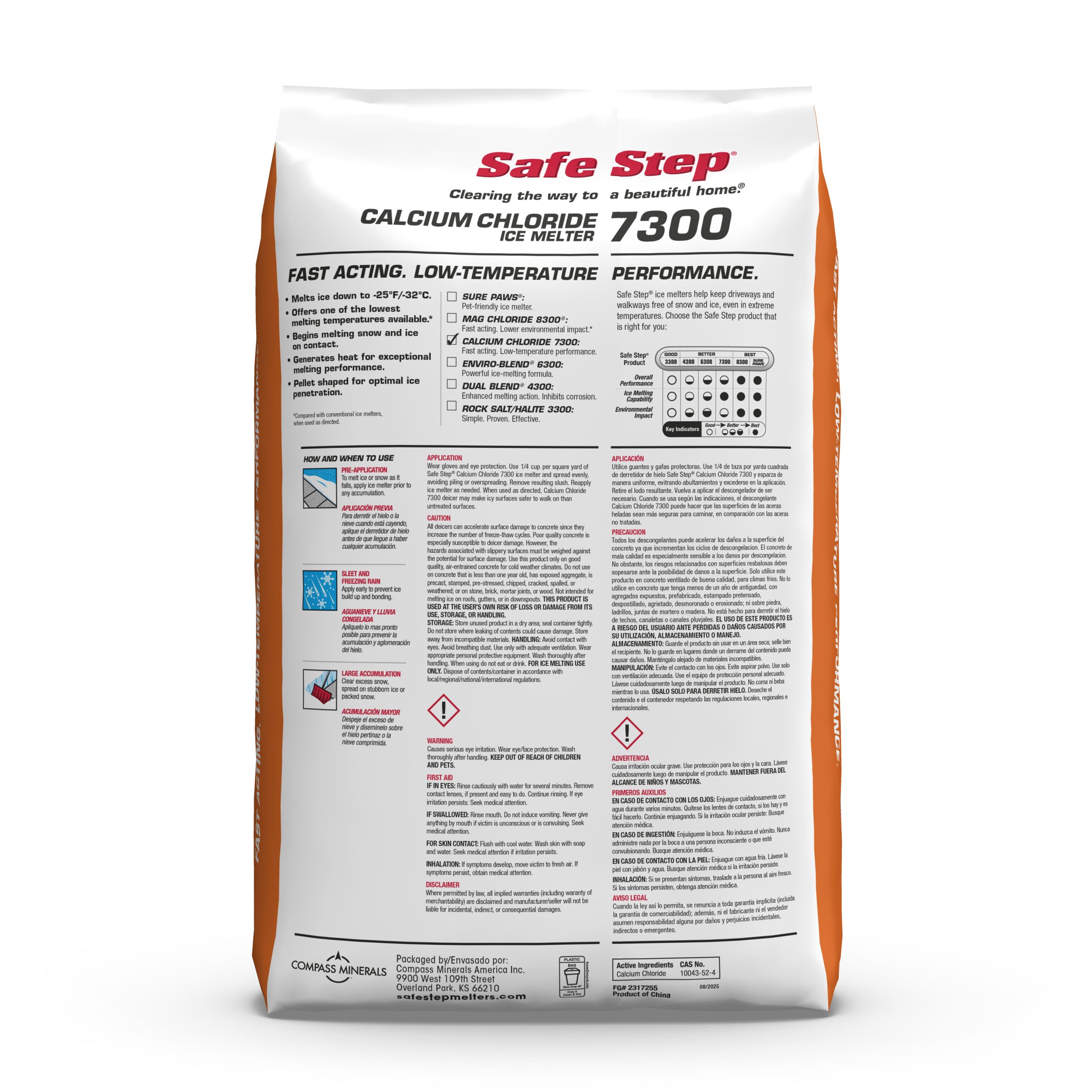 The back of a 50-pound bag of Safe Step Calcium Chloride 7300 ice melter.