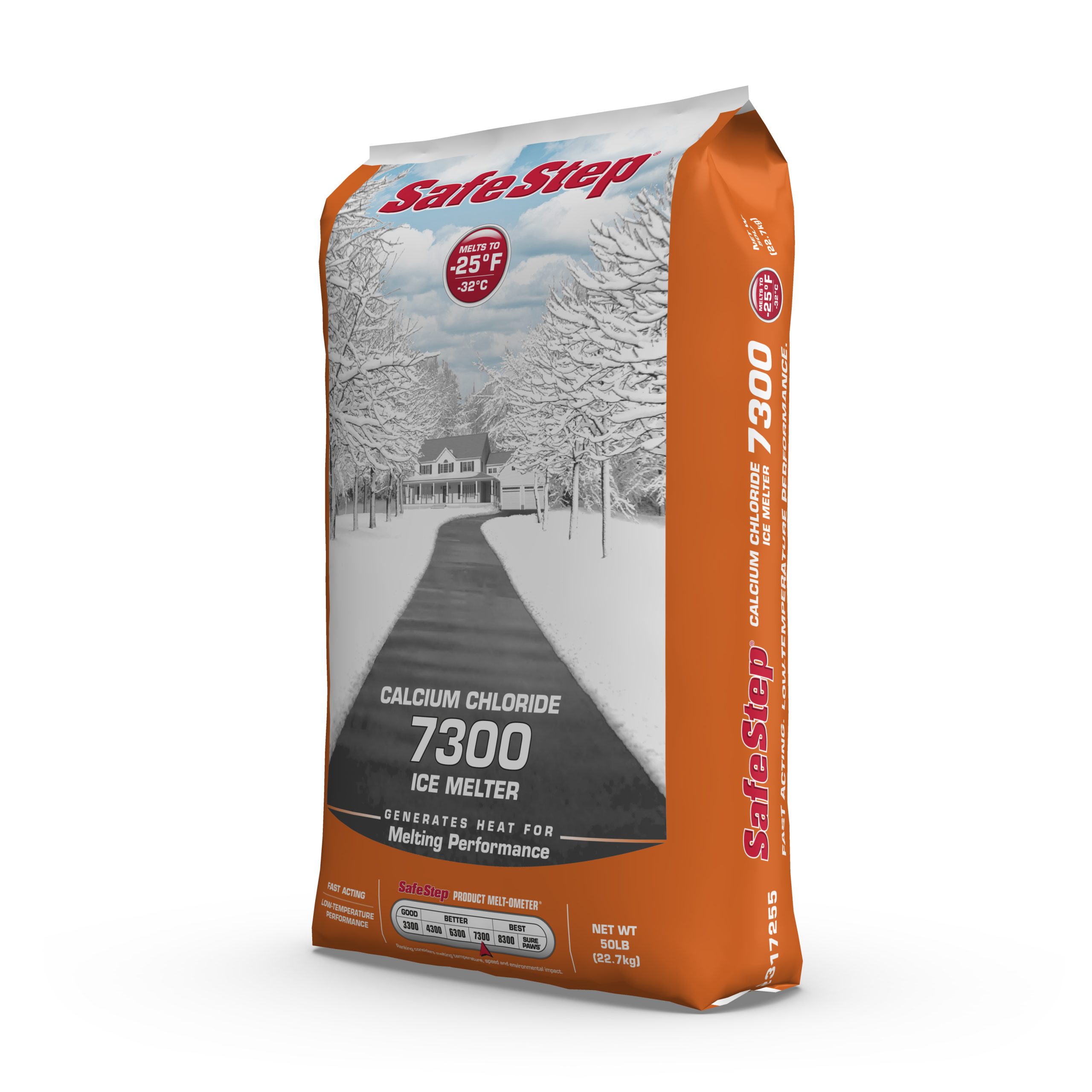 The left side of a 50-pound bag of Safe Step Calcium Chloride 7300 ice melter.