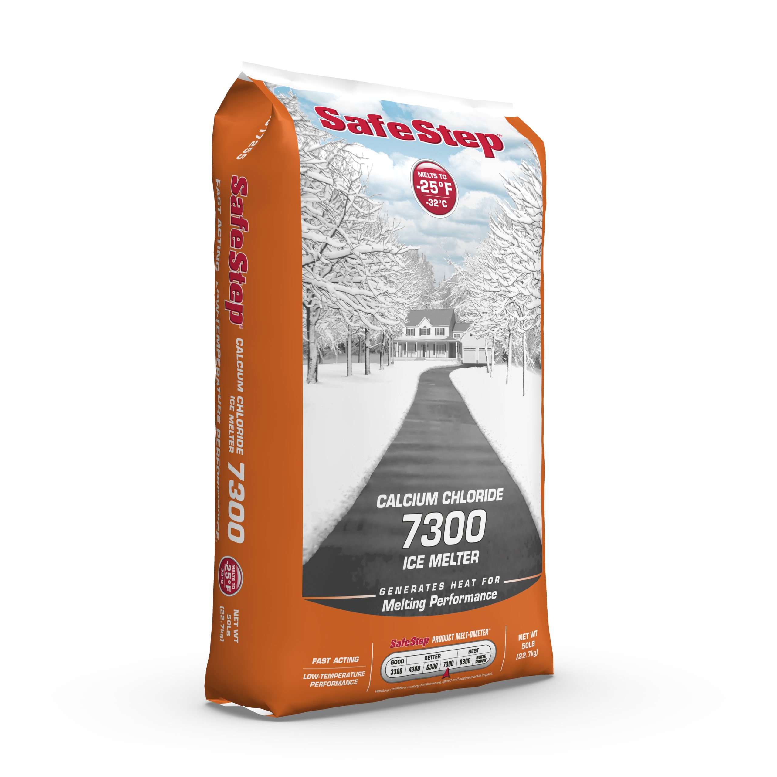 The right side of a 50-pound bag of Safe Step Calcium Chloride 7300 ice melter.