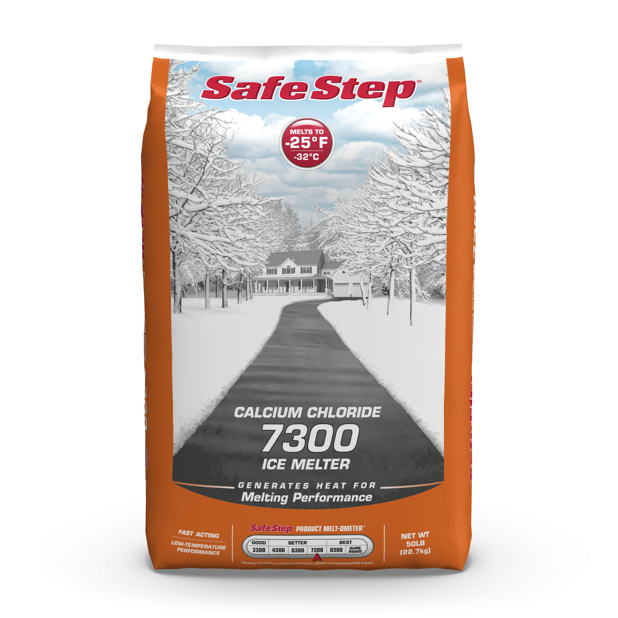 The front of a 50-pound bag of Safe Step Calcium Chloride 7300 ice melter.