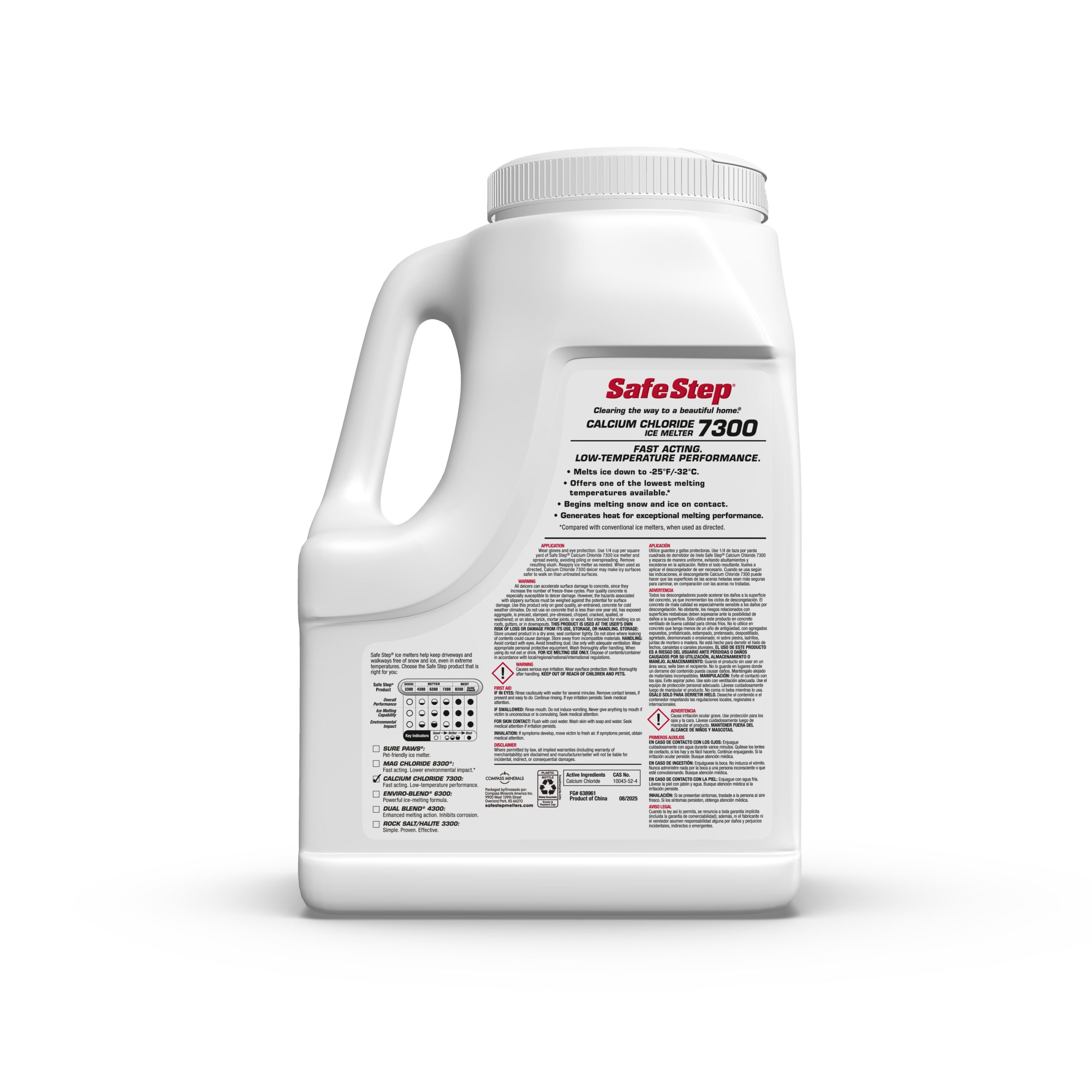 The back of an 8-pound jug of Safe Step Calcium Chloride 7300 ice melter.