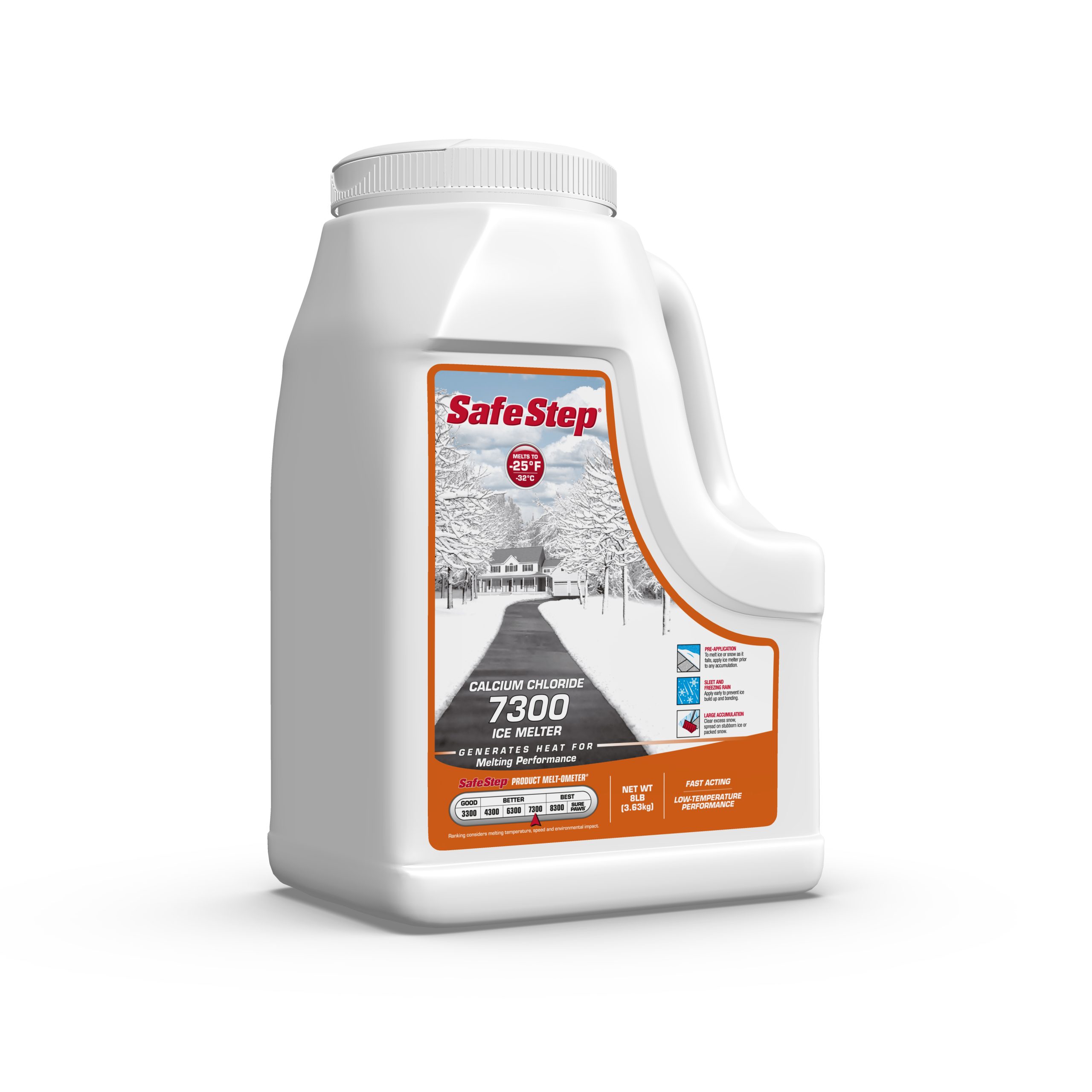 The right side of an 8-pound jug of Safe Step Calcium Chloride 7300 ice melter.