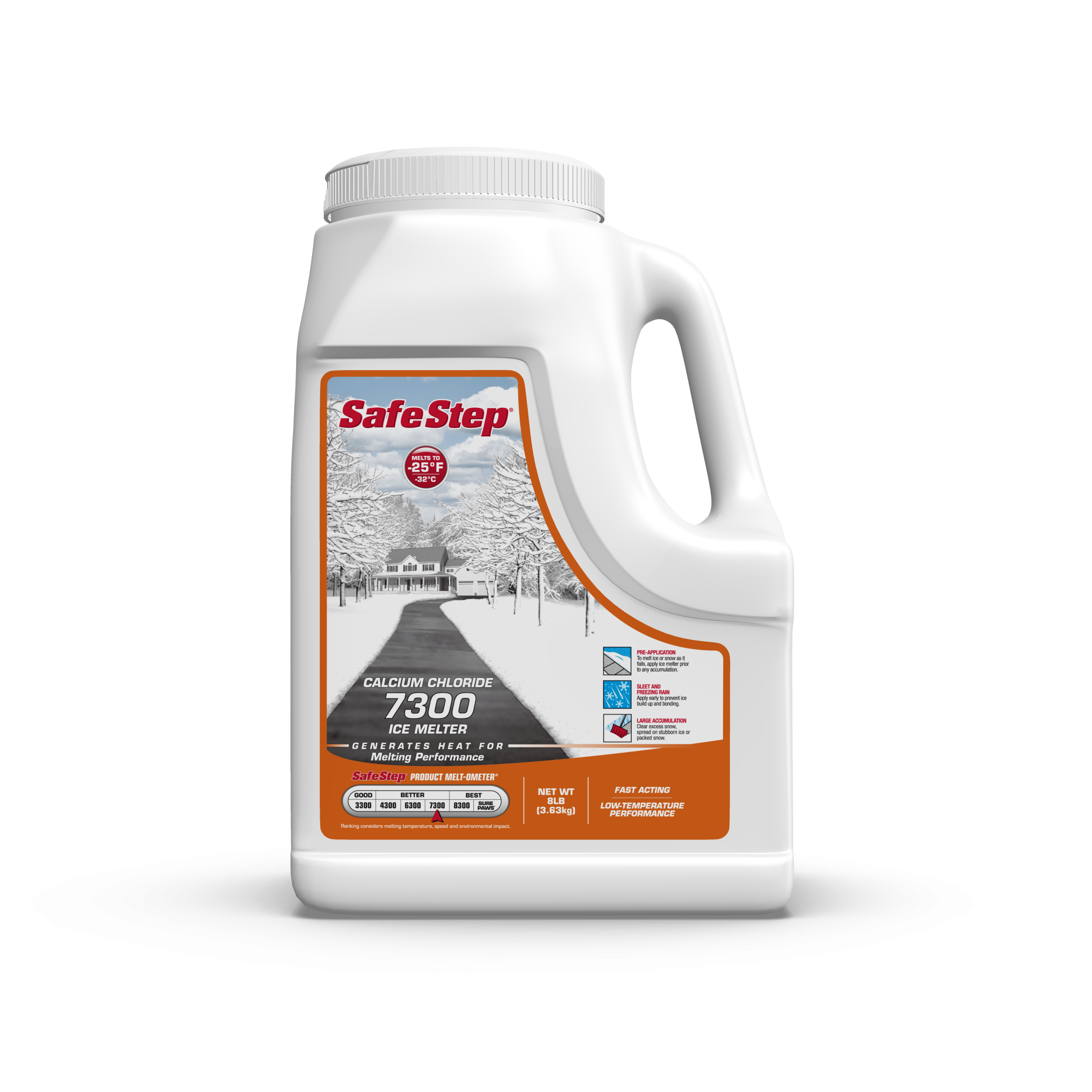 The front of an 8-pound jug of Safe Step Calcium Chloride 7300 ice melter.
