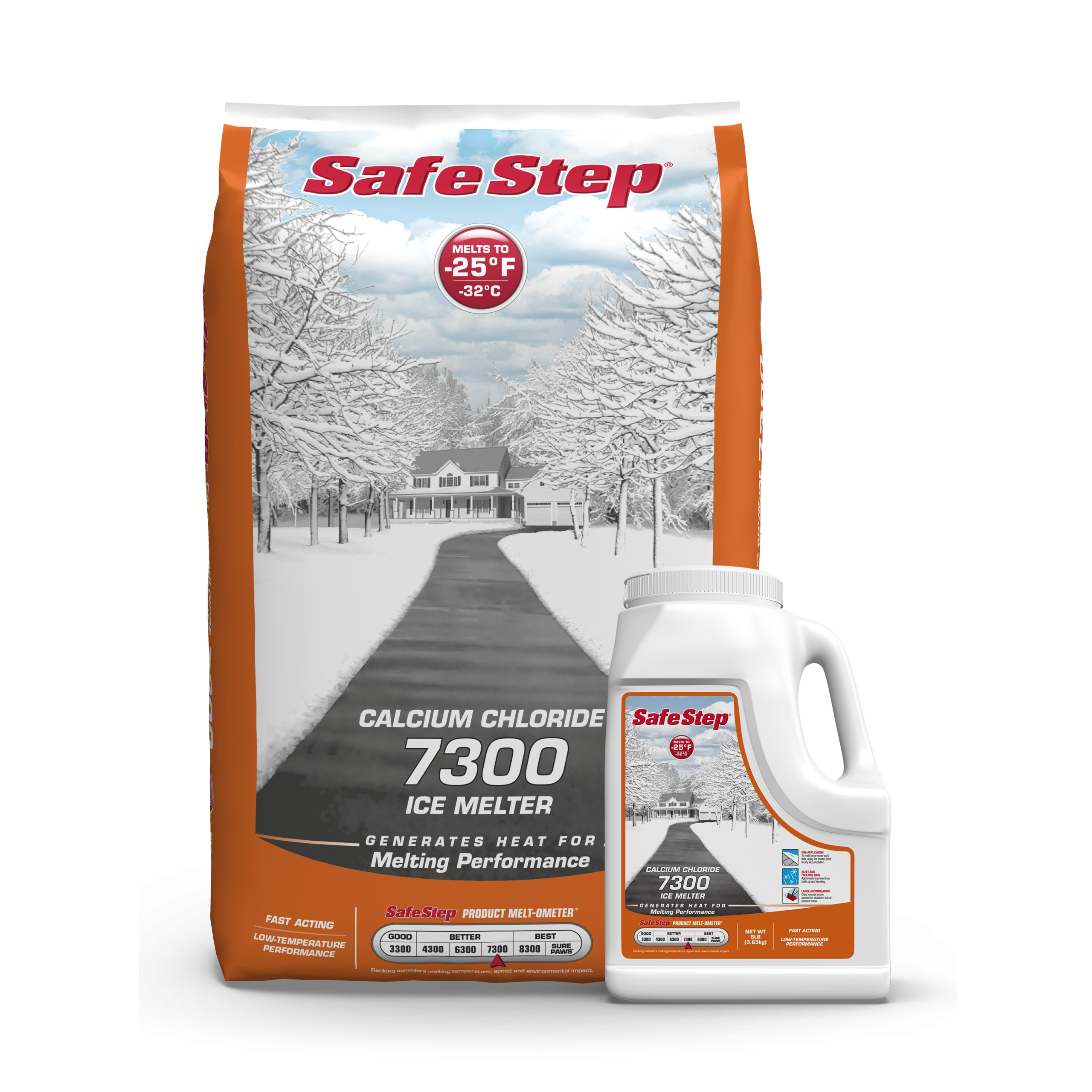 The front of a bag and a jug of Safe Step Sure Paws ice melter.