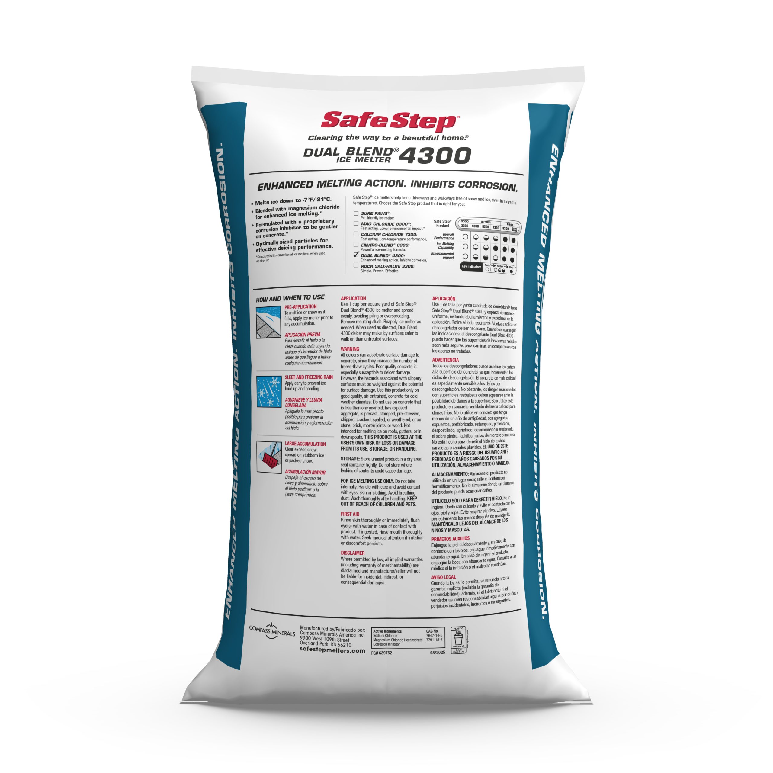 The back of a 20-pound bag of Safe Step Dual Blend 4300 ice melter.