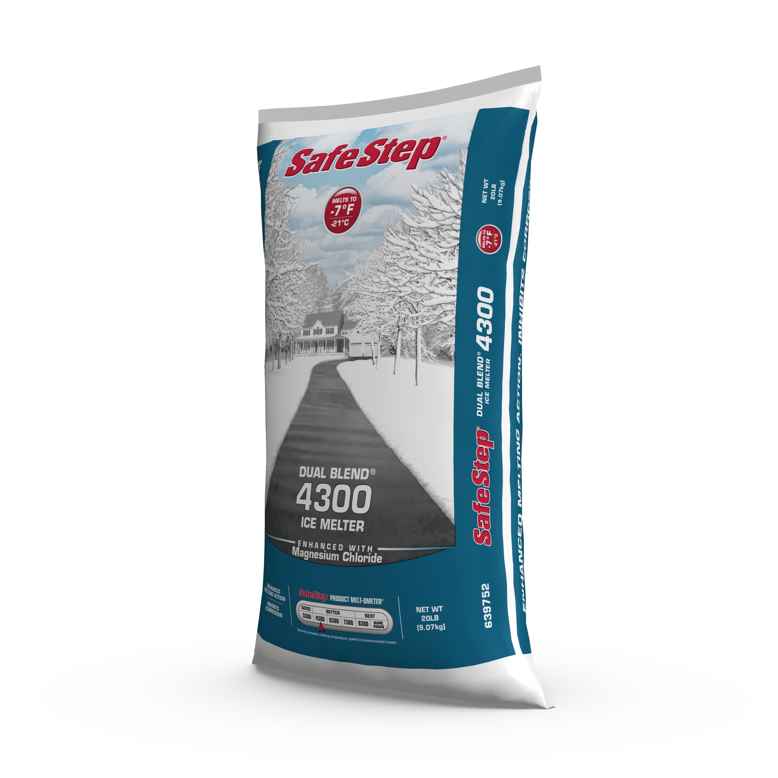The left side of a 20-pound bag of Safe Step Dual Blend 4300 ice melter.