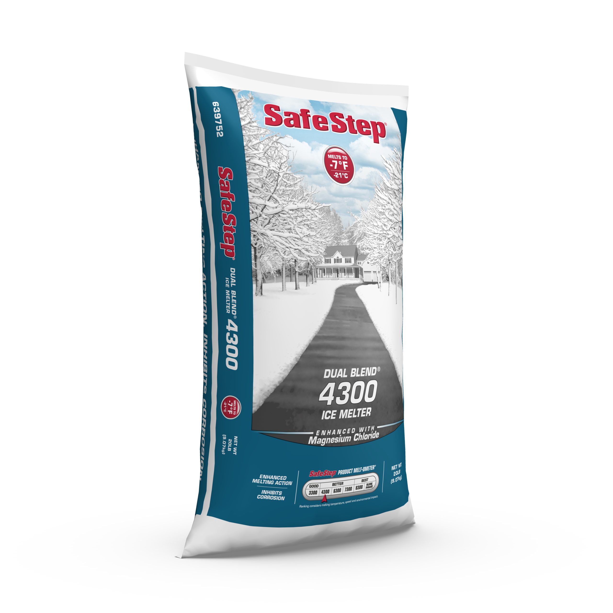 The right side of a 20-pound bag of Safe Step Dual Blend 4300 ice melter.