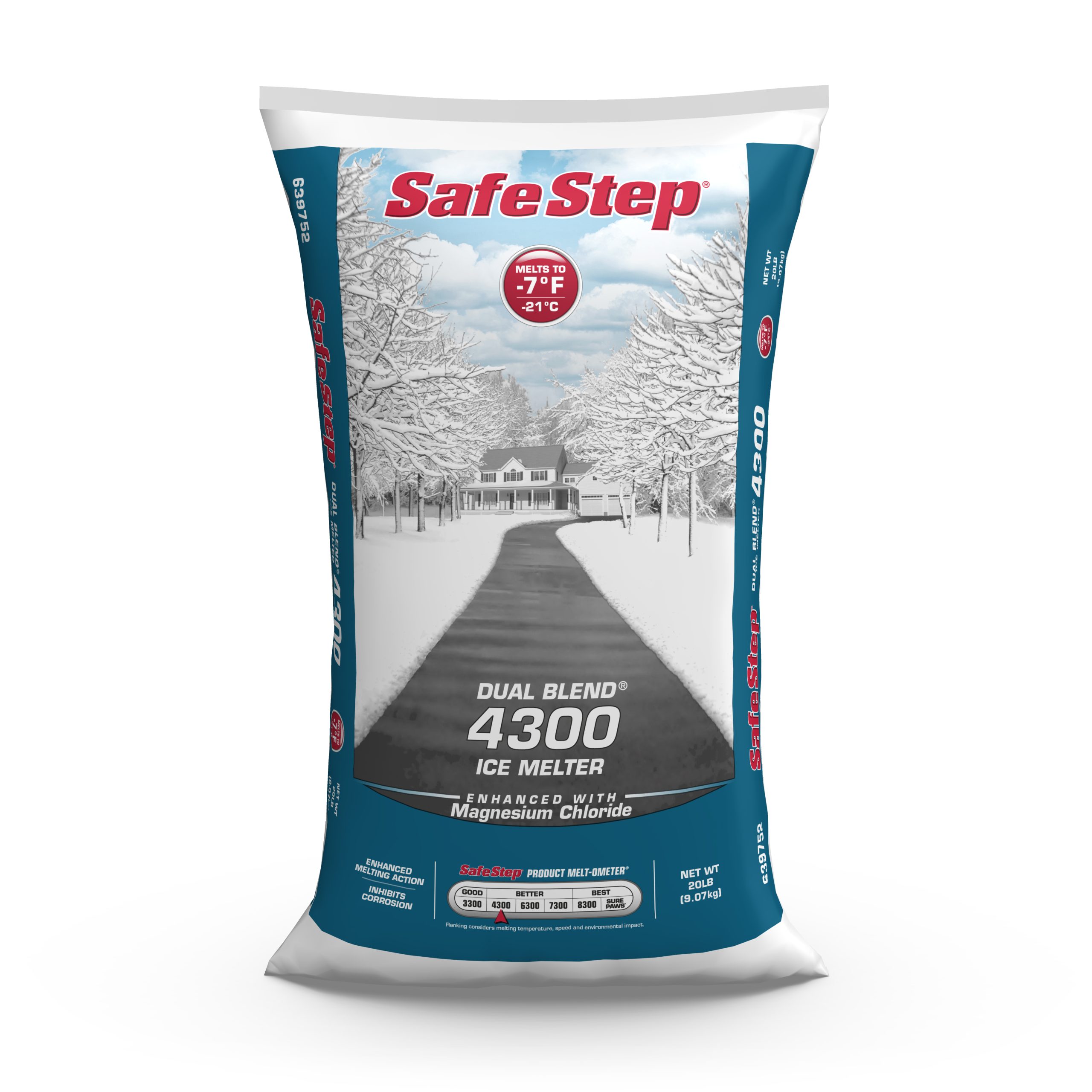 The front of a 20-pound bag of Safe Step Dual Blend 4300 ice melter.