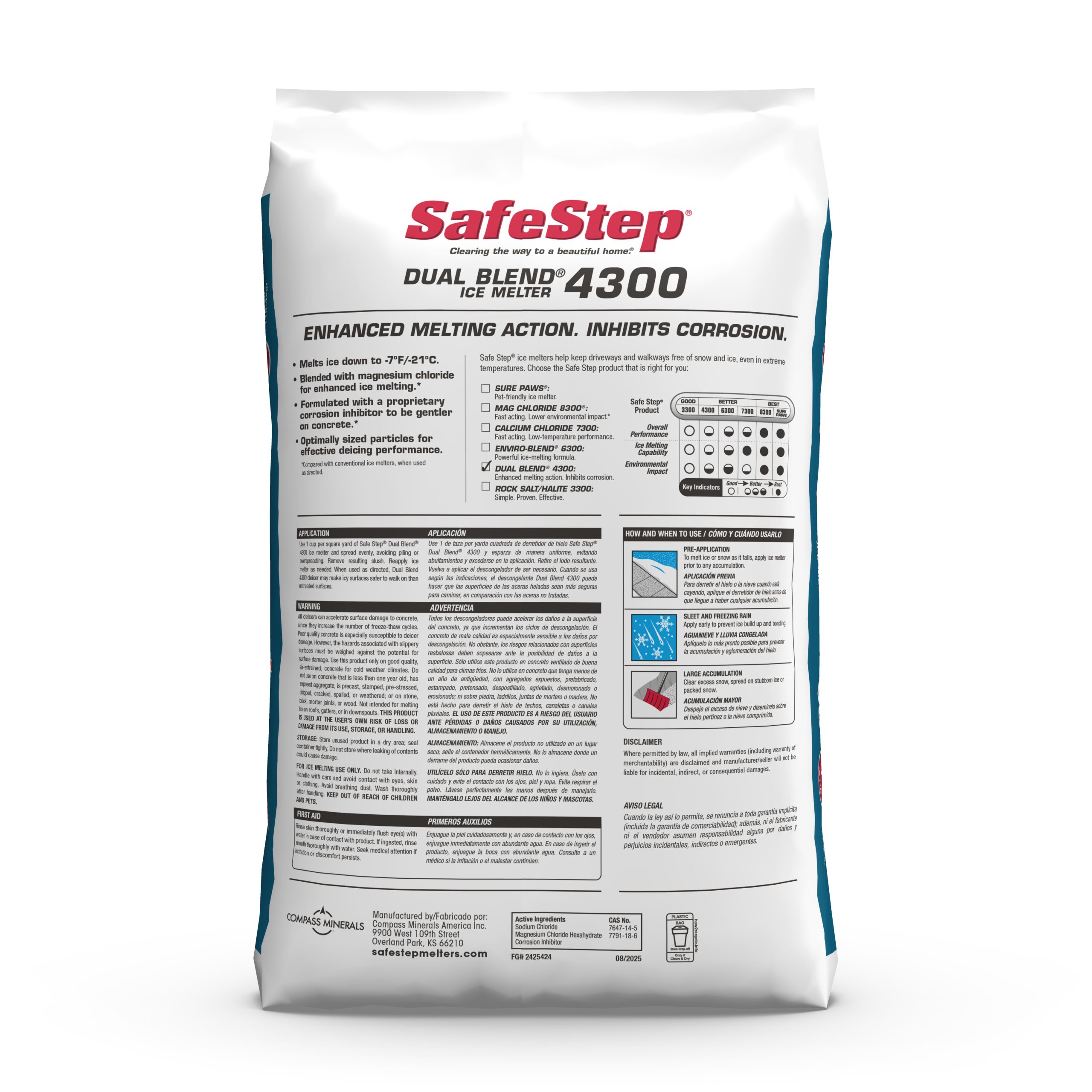 The back of a 40-pound bag of Safe Step Dual Blend 4300 ice melter.