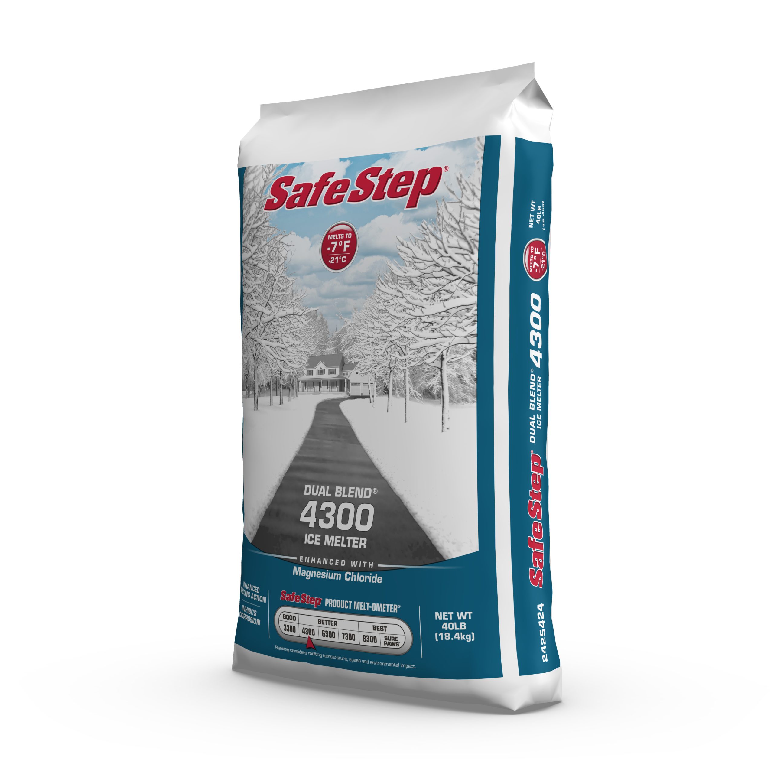 The left side of a 40-pound bag of Safe Step Dual Blend 4300 ice melter.