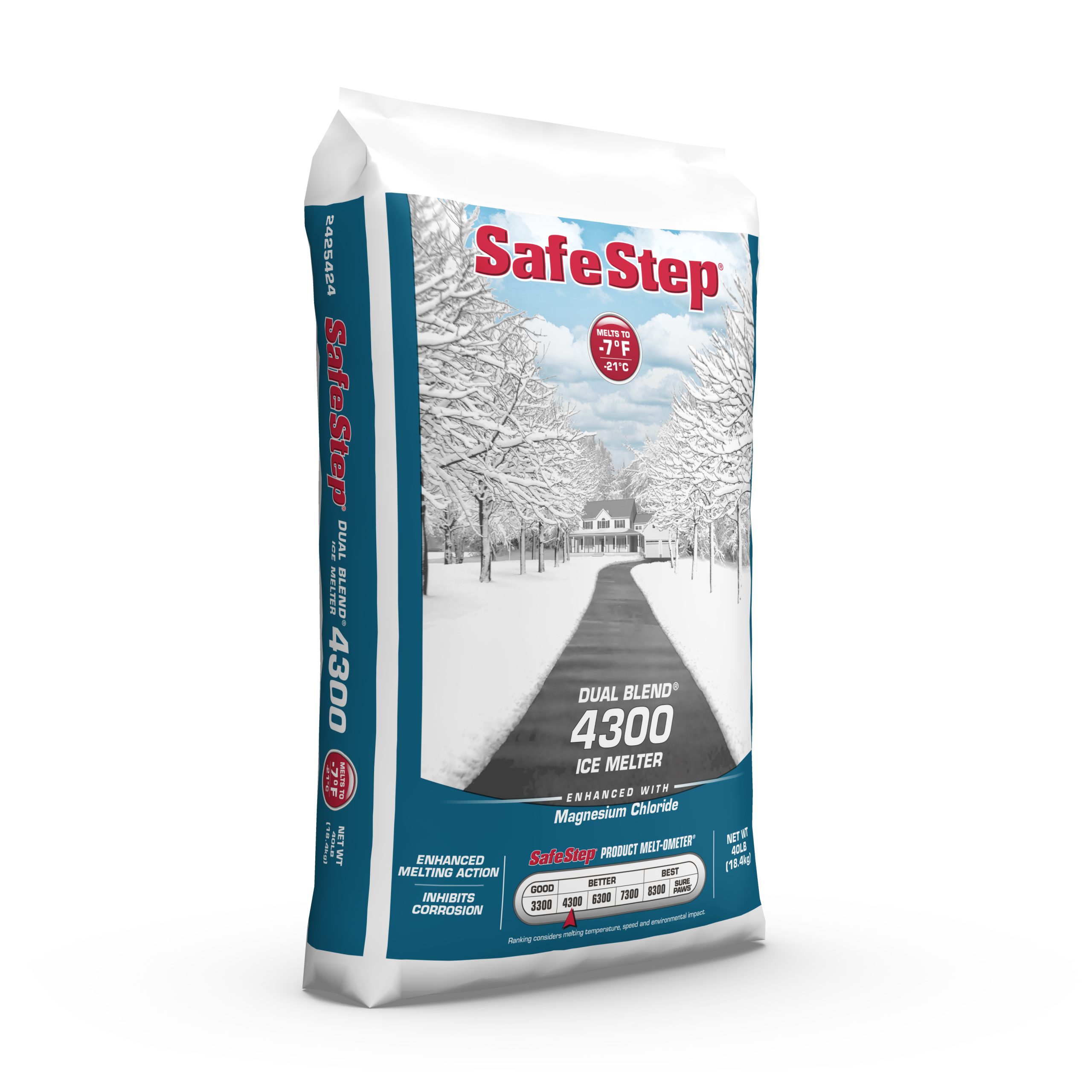 The right side of a 40-pound bag of Safe Step Dual Blend 4300 ice melter.