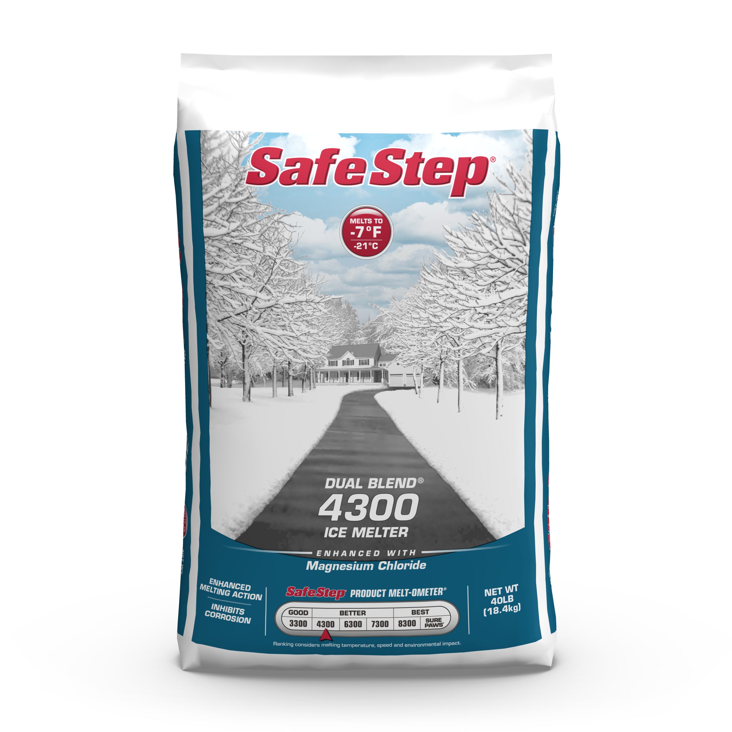 The front of a 40-pound bag of Safe Step Dual Blend 4300 ice melter.