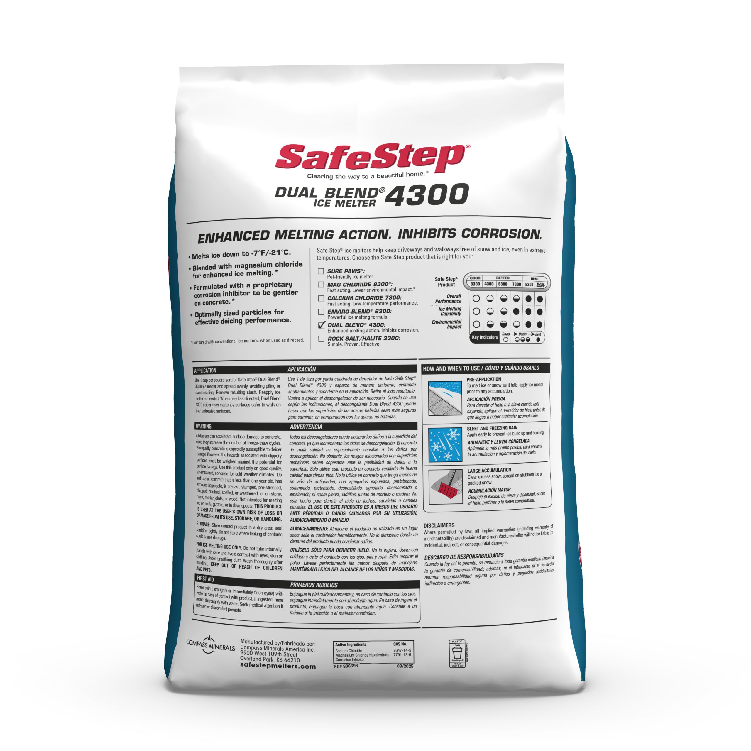 The back of a 50-pound bag of Safe Step Dual Blend 4300 ice melter.