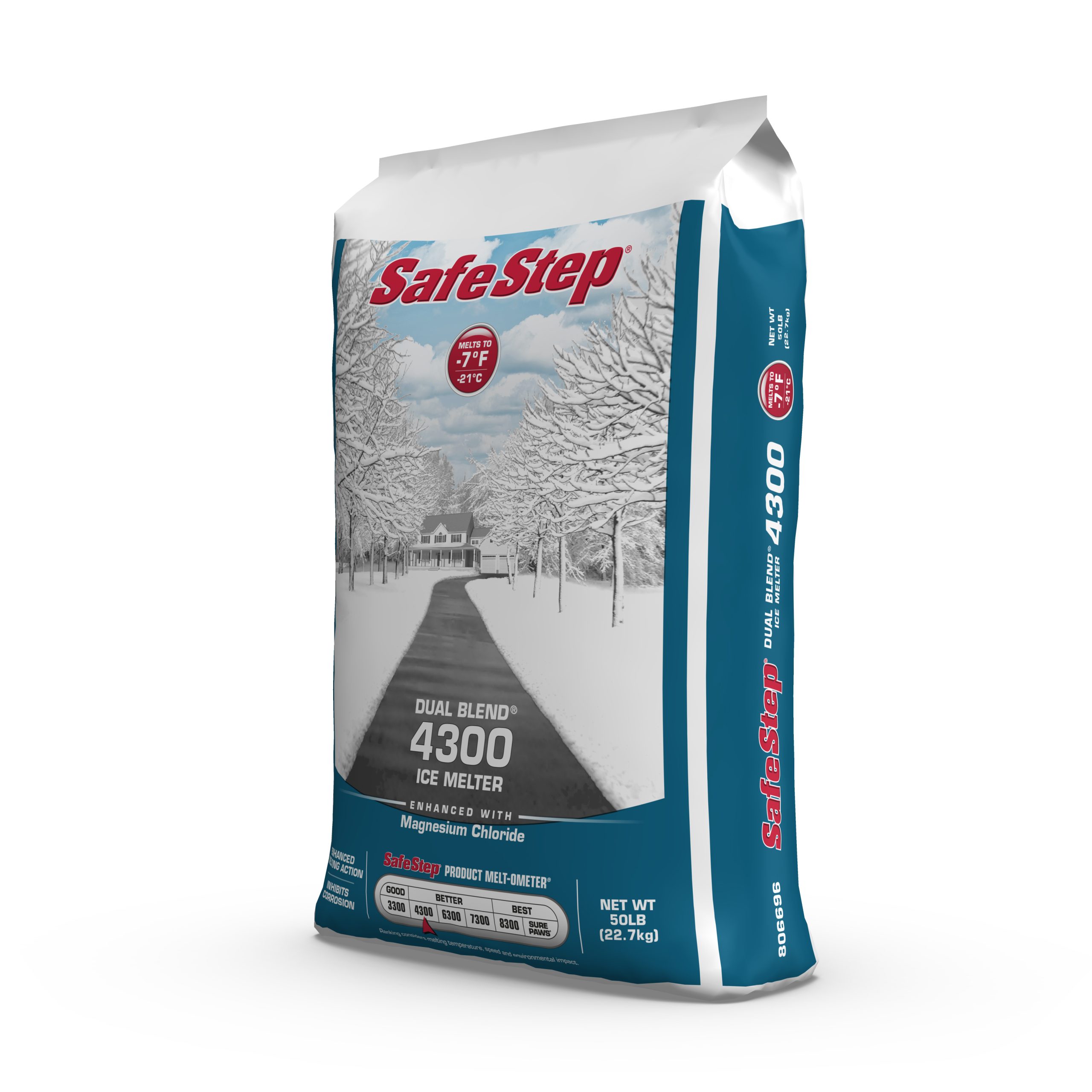 The left side of a 50-pound bag of Safe Step Dual Blend 4300 ice melter.