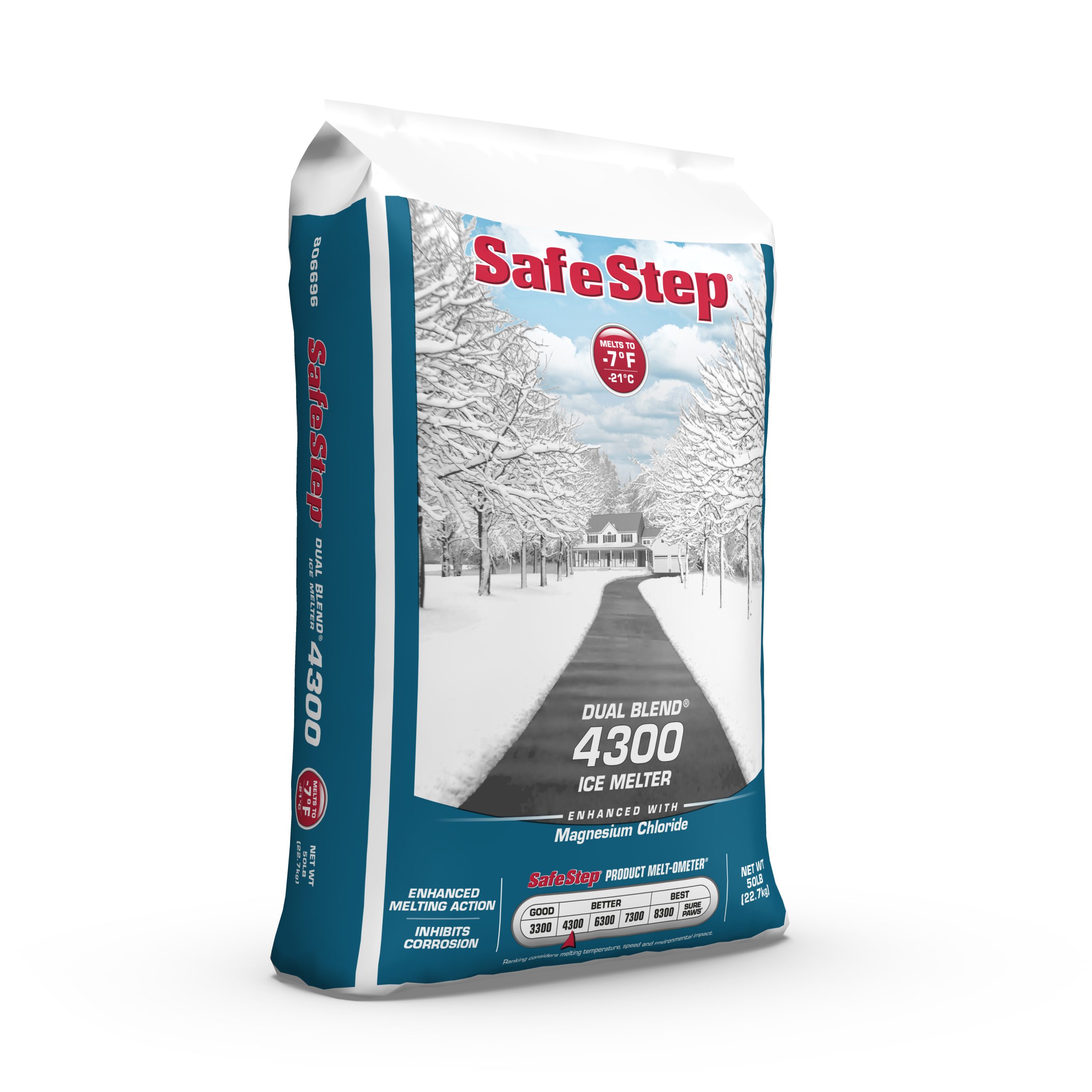 The right side of a 50-pound bag of Safe Step Dual Blend 4300 ice melter.