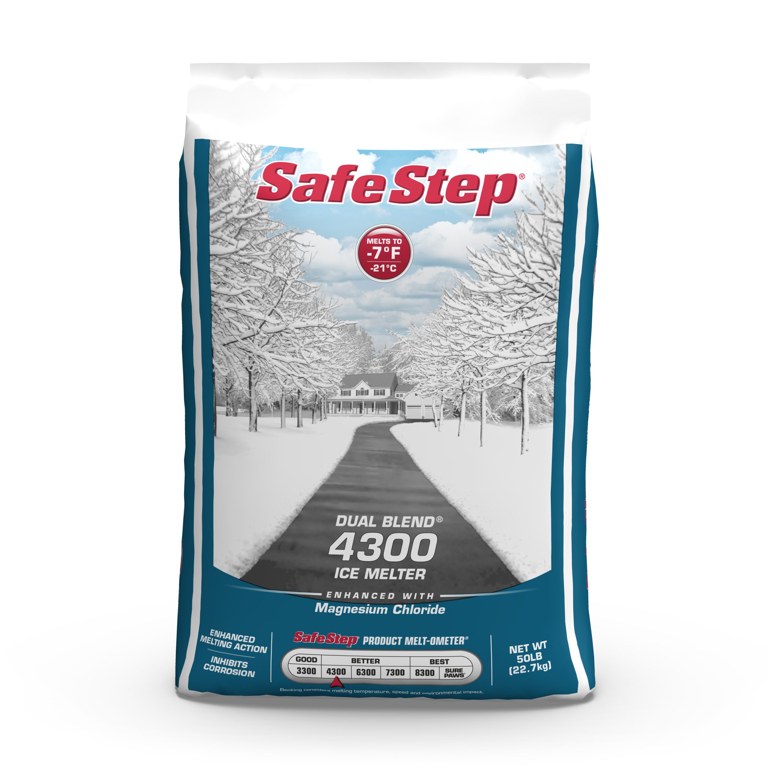 The front of a 50-pound bag of Safe Step Dual Blend 4300 ice melter.