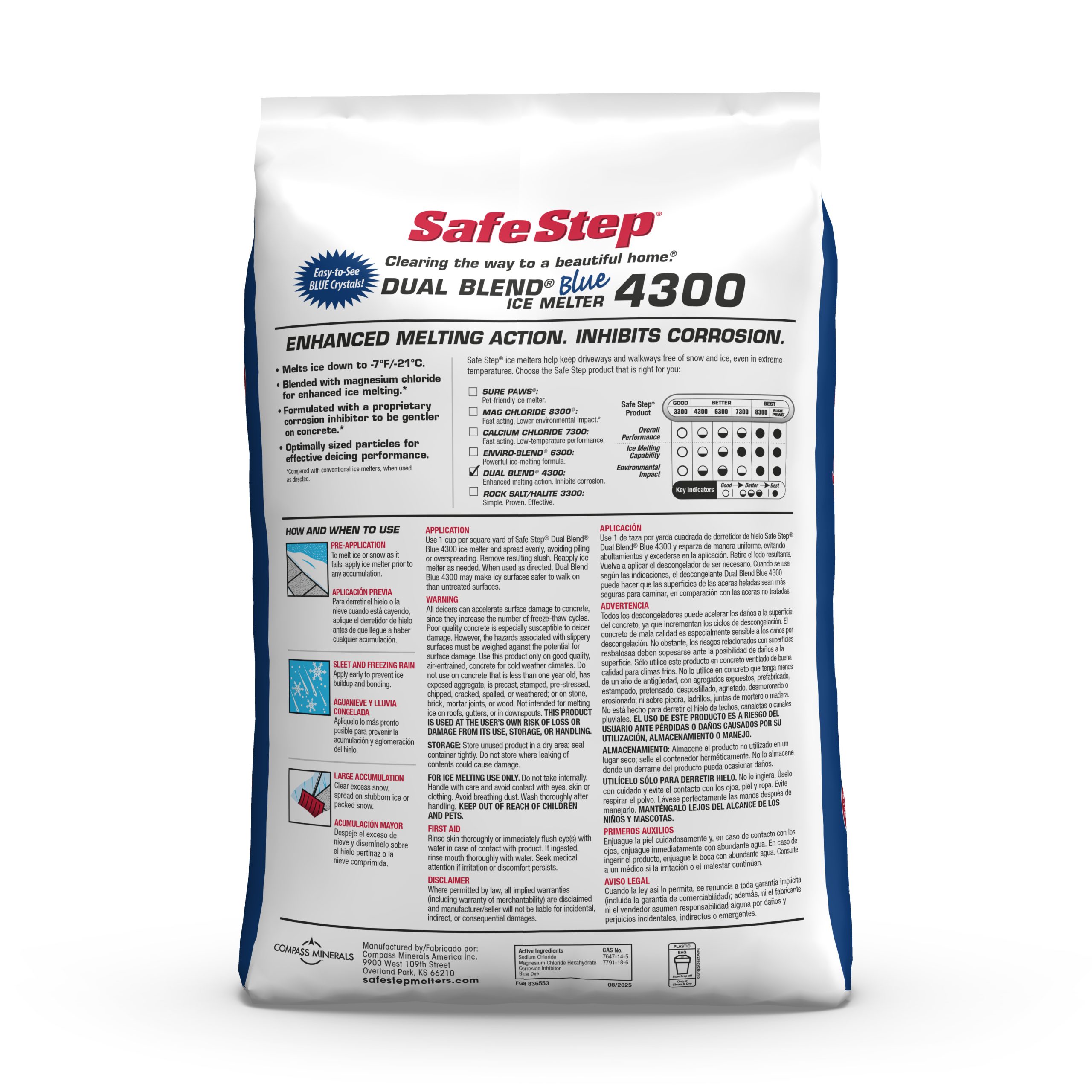 The back of a 50-pound bag of Safe Step Dual Blend Blue 4300 ice melter.