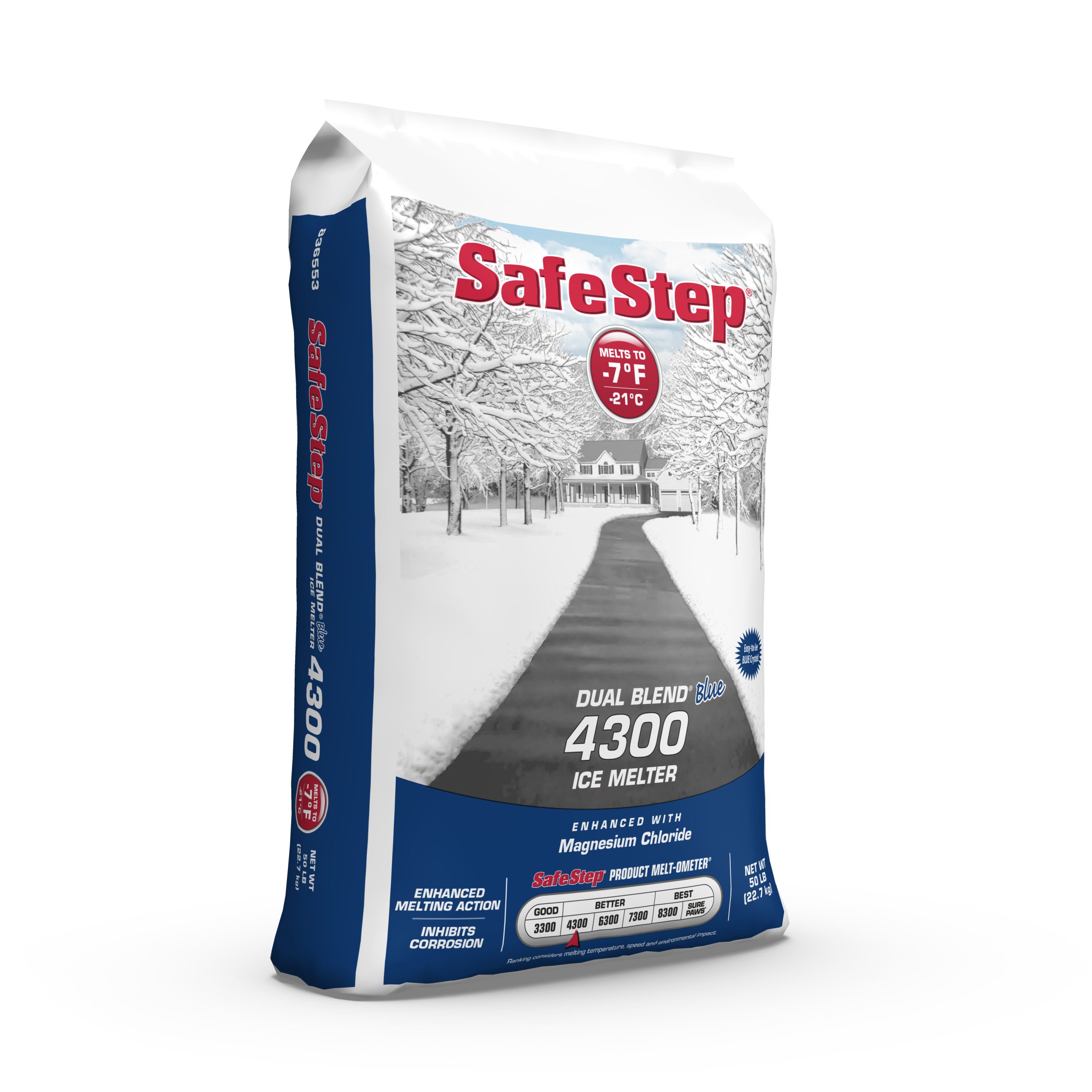 The right side of a 50-pound bag of Safe Step Dual Blend Blue 4300 ice melter.