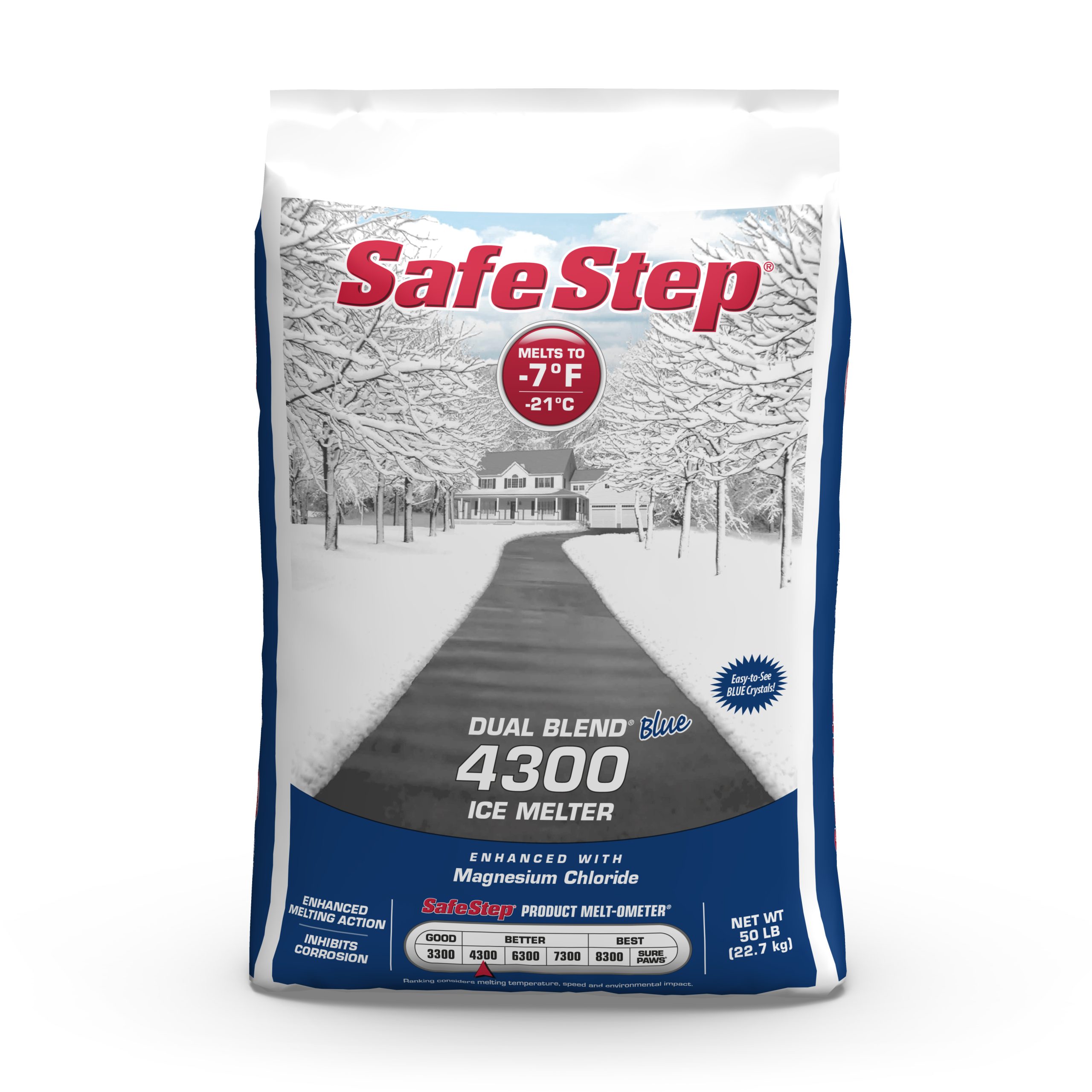 The front of a 50-pound bag of Safe Step Dual Blend Blue 4300 ice melter.