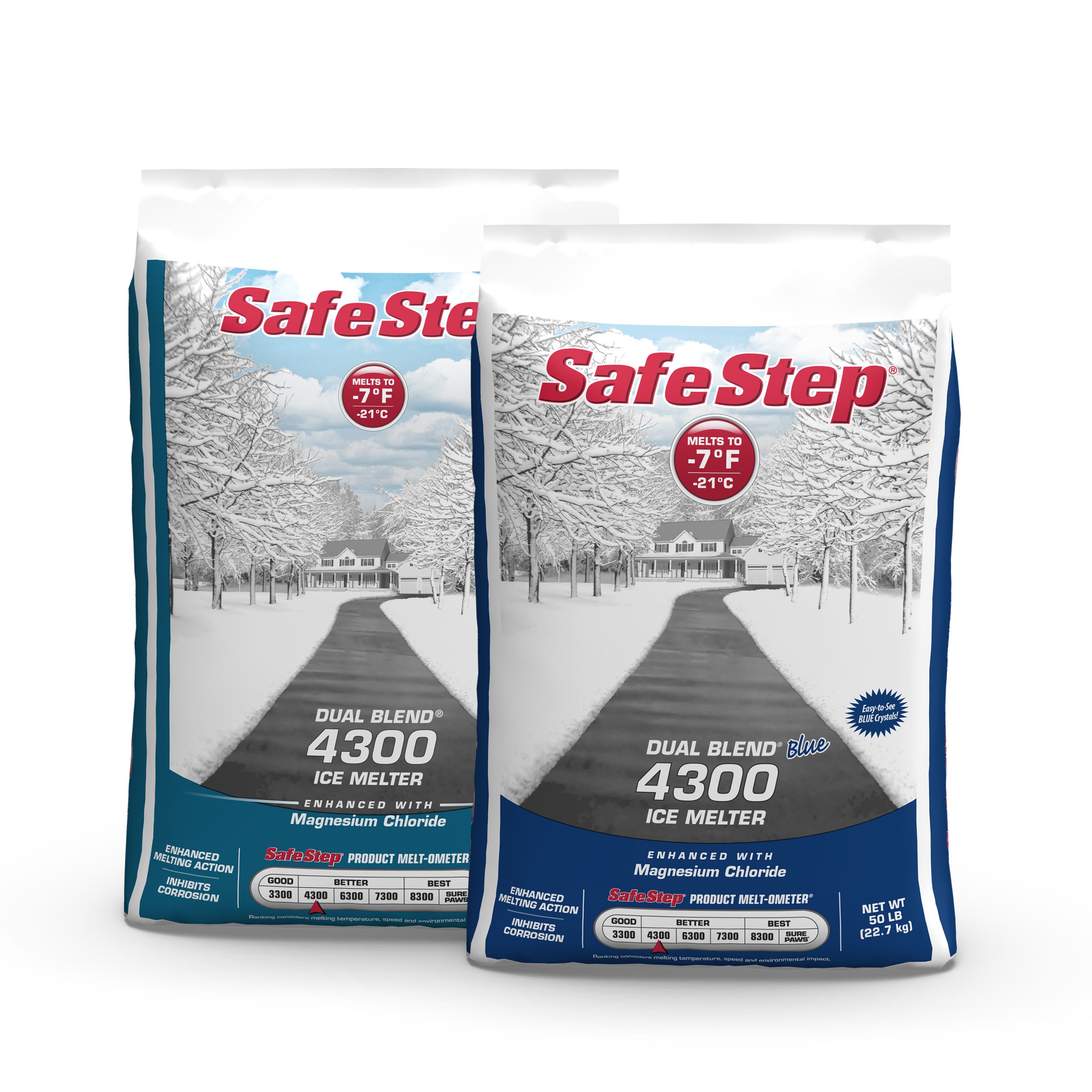The fronts of a 50-pound bag of Safe Step Dual Blend 4300 and Safe Step Dual Blend Blue 4300 ice melter.