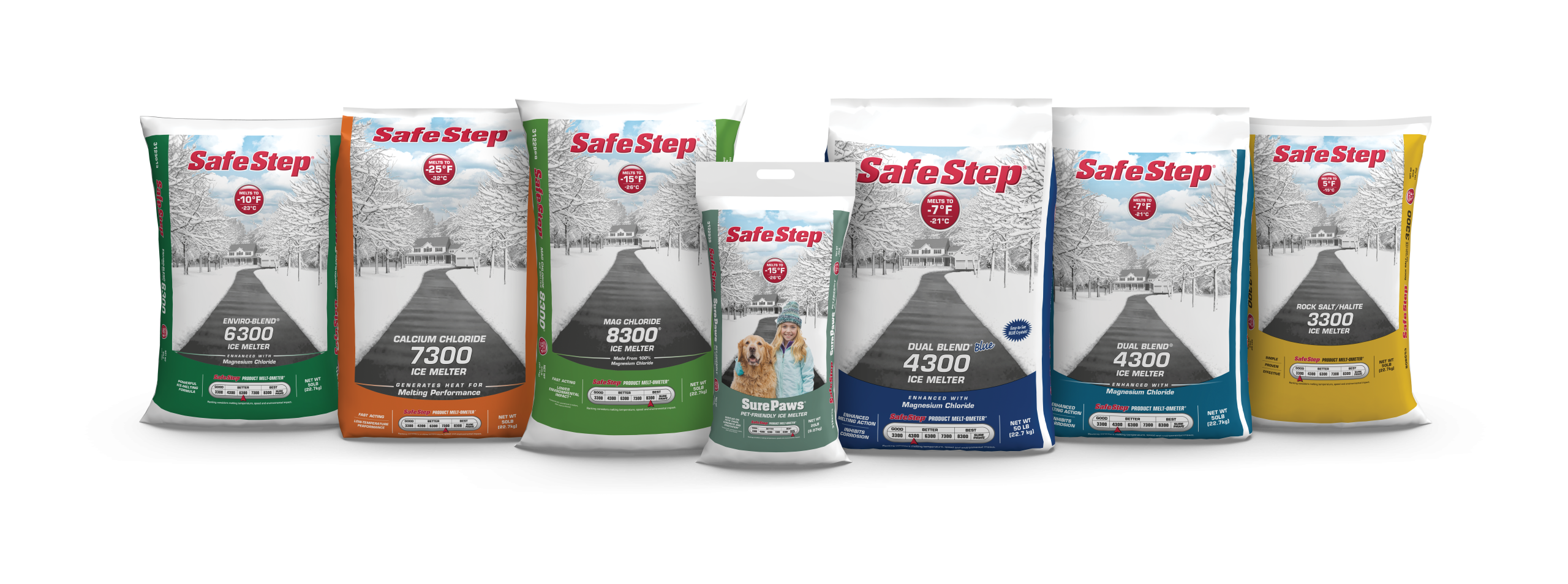 The front view of each bag in the full lineup of Safe Step ice melters.