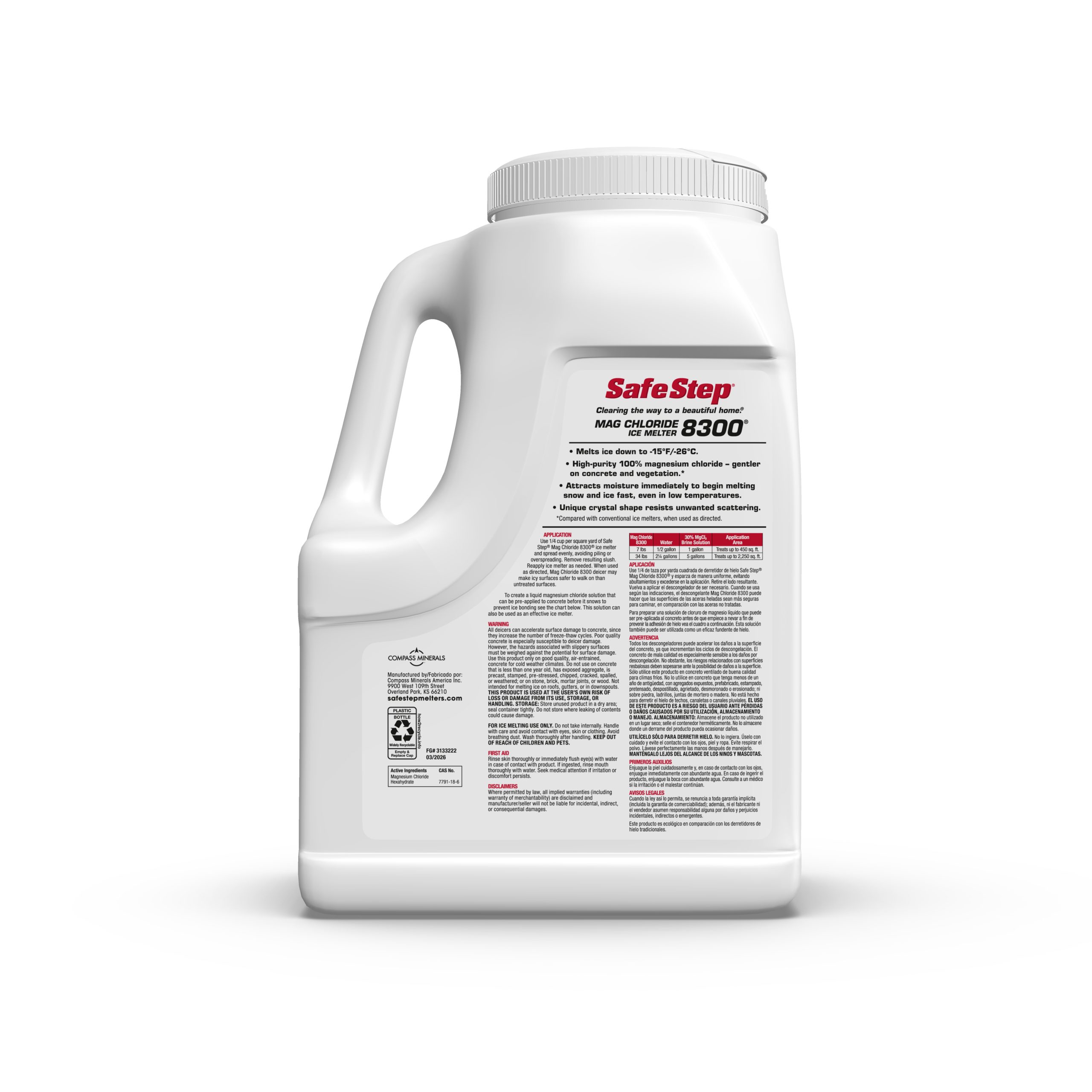 The back of an 8-pound jug of Safe Step Mag Chloride 8300 ice melter.