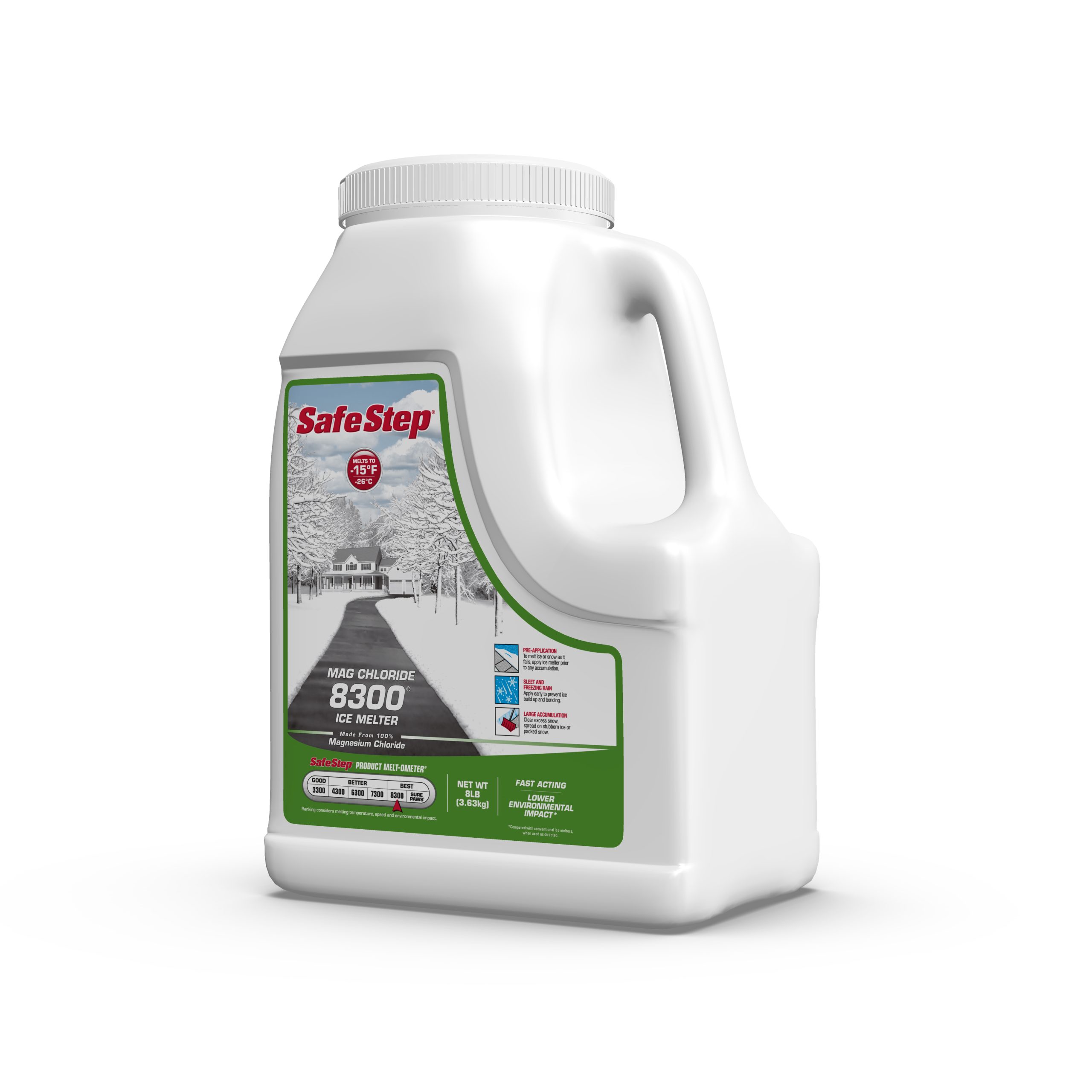 The left side of an 8-pound jug of Safe Step Mag Chloride 8300 ice melter.