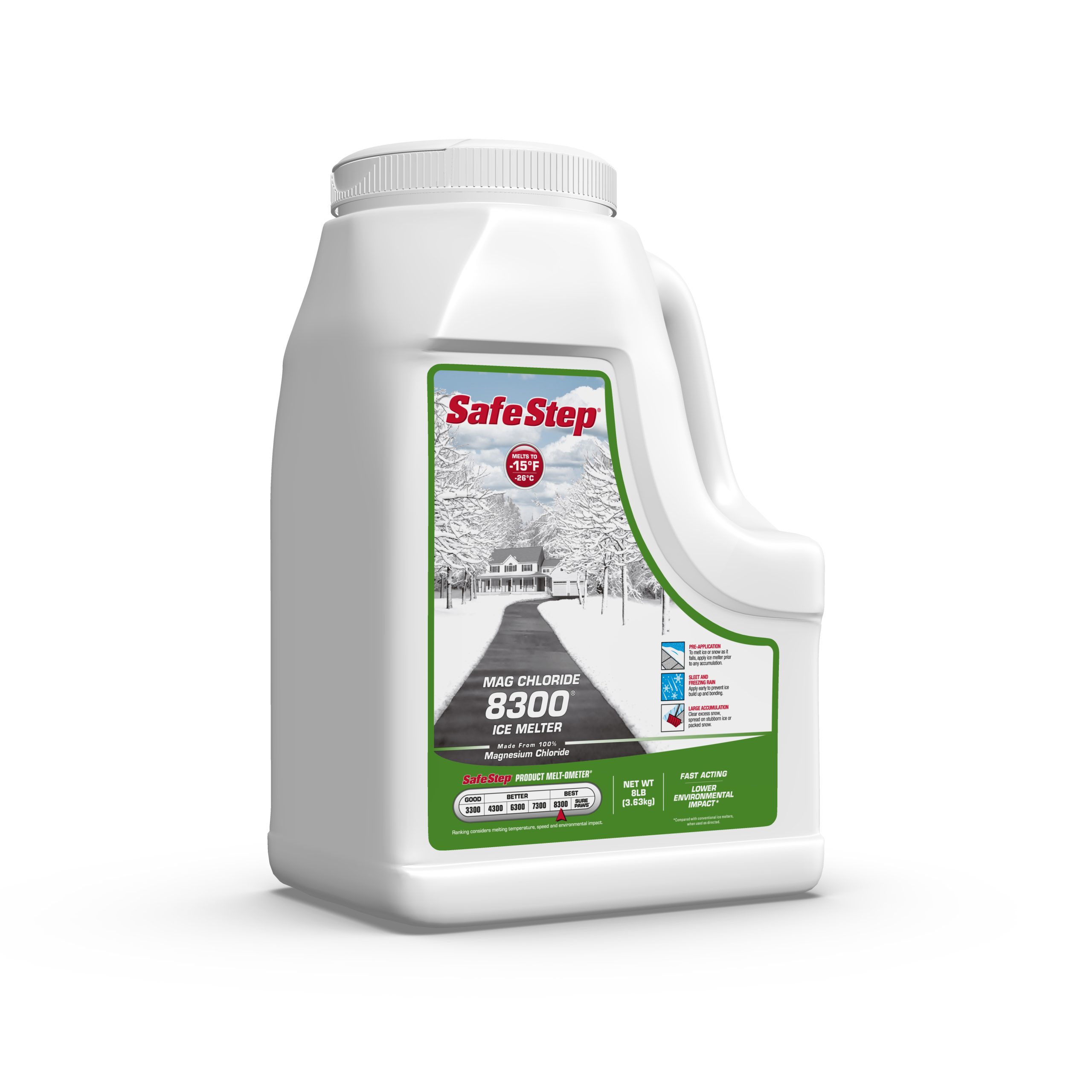 The right side of an 8-pound jug of Safe Step Mag Chloride 8300 ice melter.