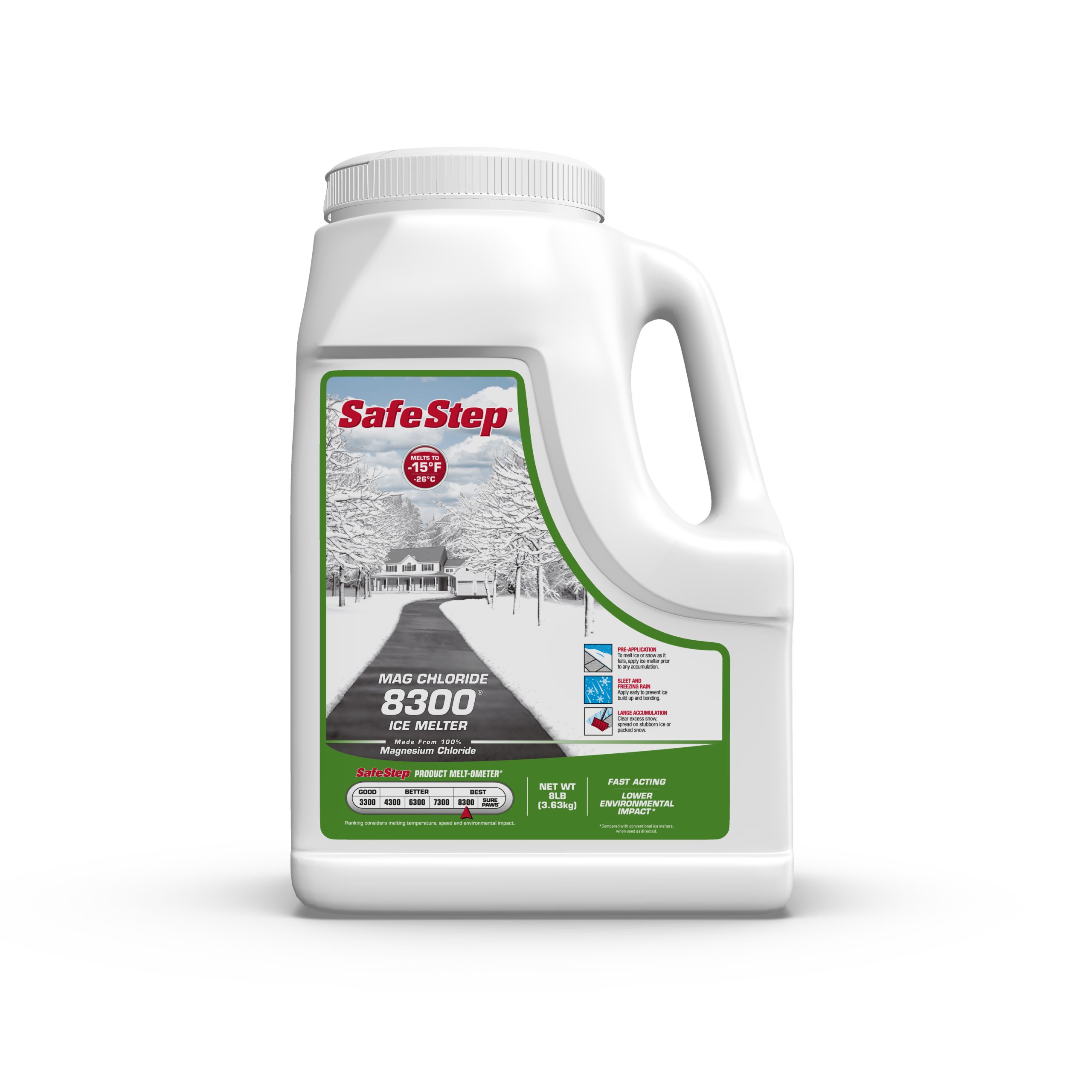 The front of an 8-pound jug of Safe Step Mag Chloride 8300 ice melter.