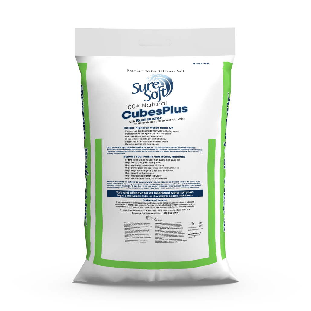 The back of a 40-pound bag of SureSoft CubesPlus with Rust Buster water softener salt.