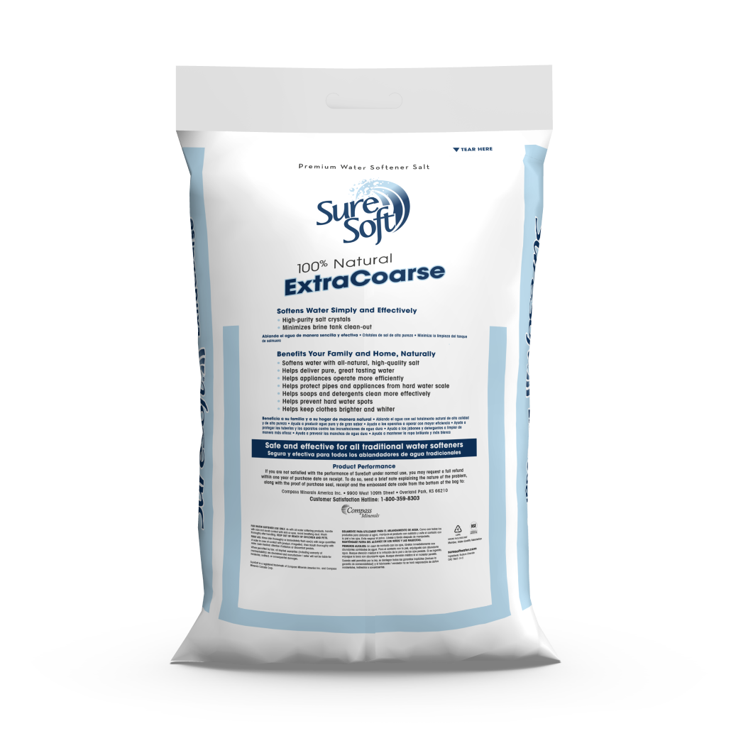 The back of a 40-pound bag of SureSoft Extra Coarse water softener salt.