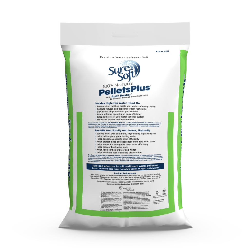 The back of a 40-pound bag of SureSoft PelletsPlus with Rust Buster water softener salt.