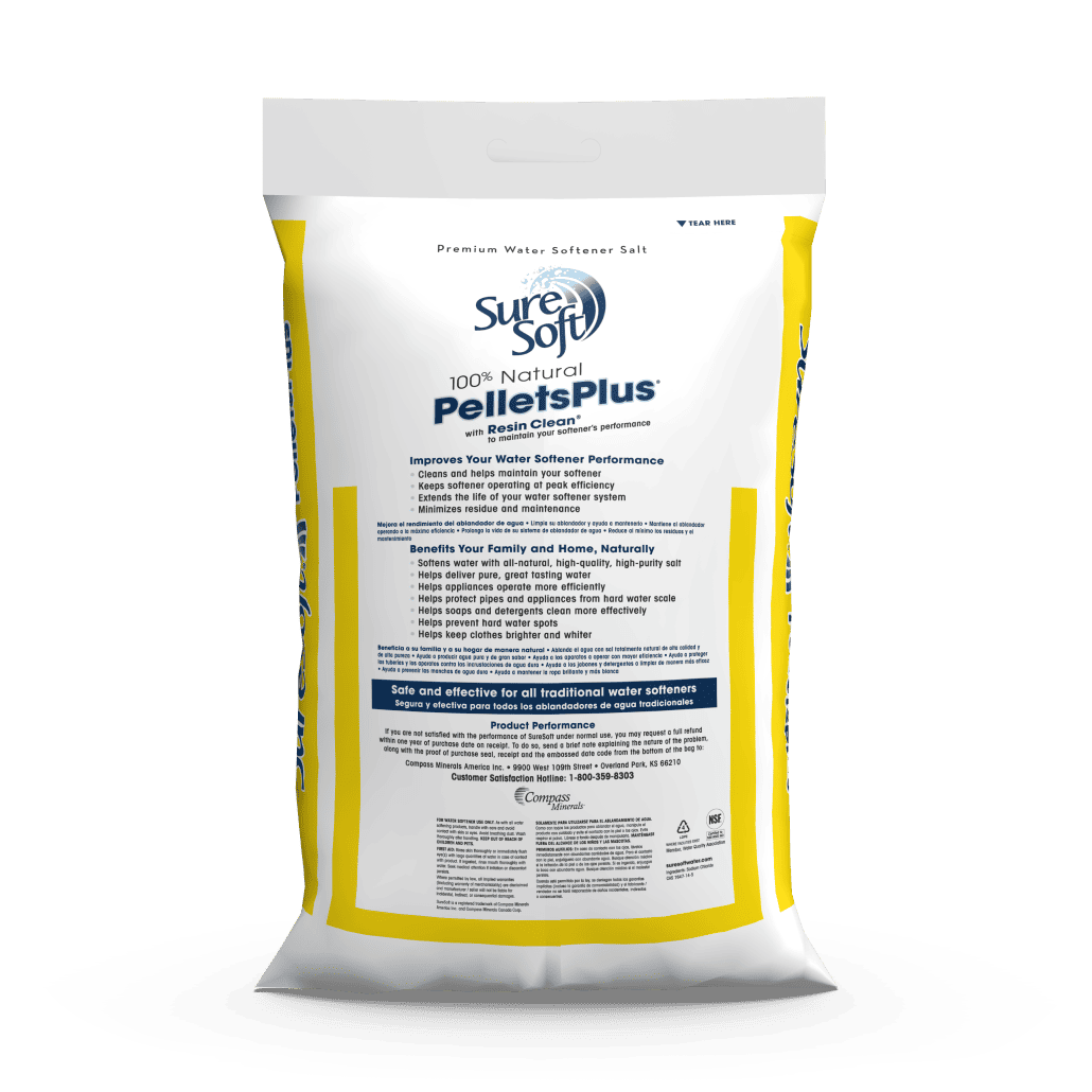 The back of a 40-pound bag of SureSoft PelletsPlus with Resin Clean salt.