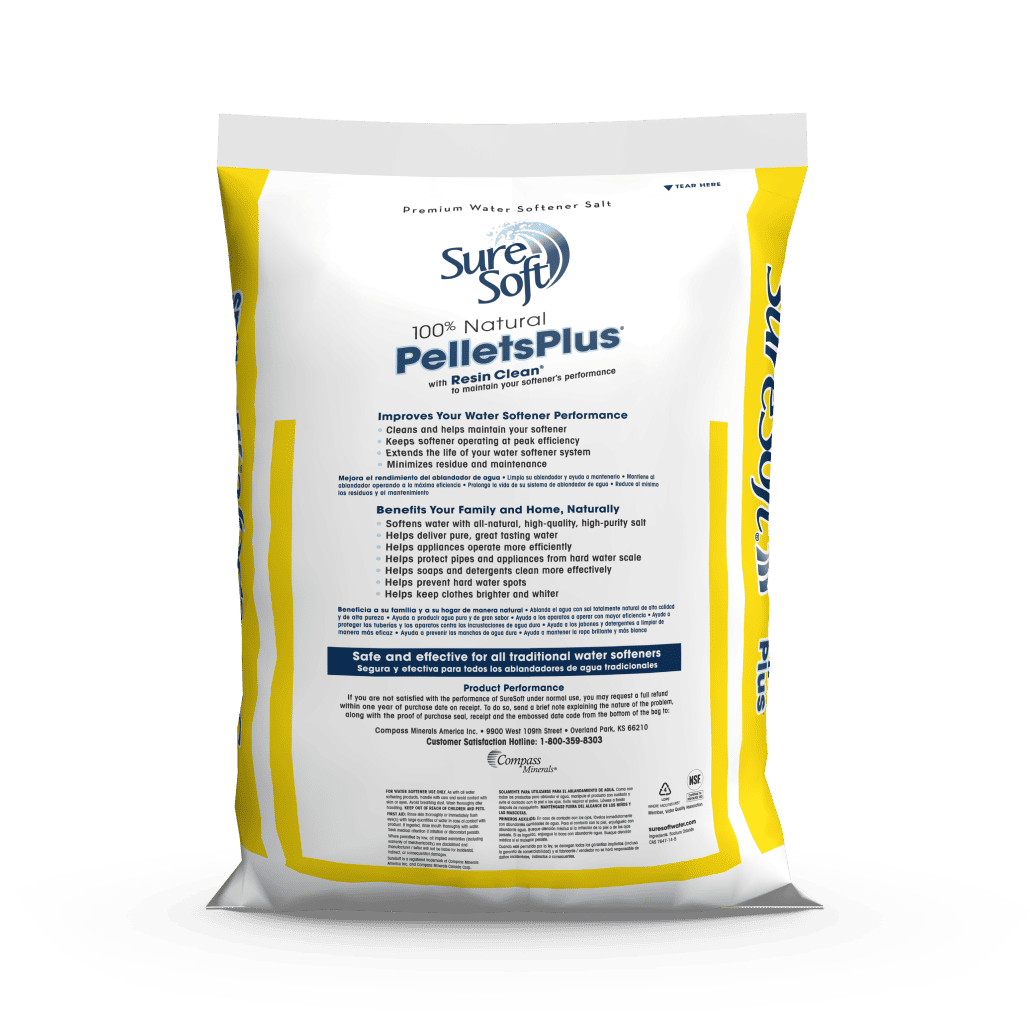 The back of a 50-pound bag of SureSoft PelletsPlus with Resin Clean salt.