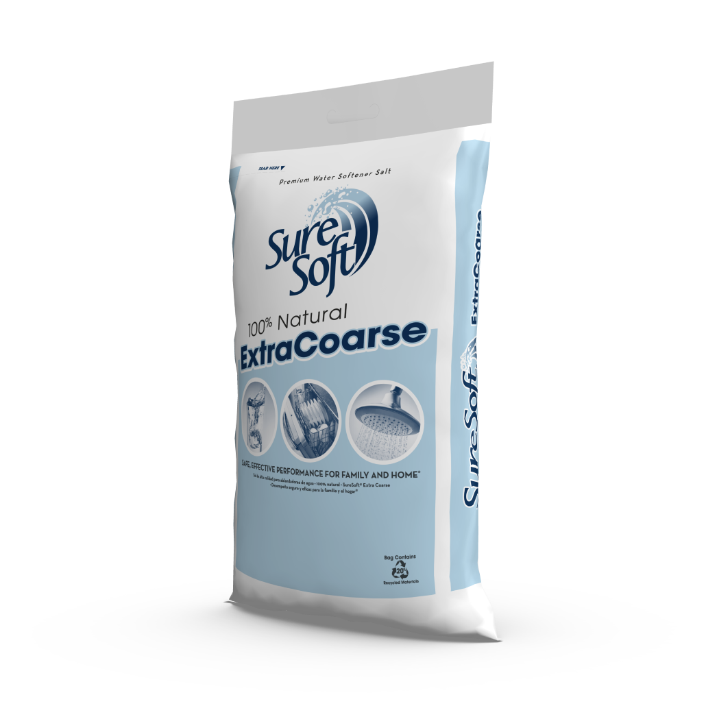 The left side of a 40-pound bag of SureSoft Extra Coarse water softener salt.