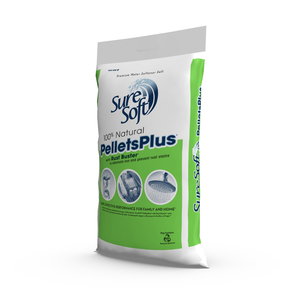 The left side of a 40-pound bag of SureSoft PelletsPlus with Rust Buster water softener salt.