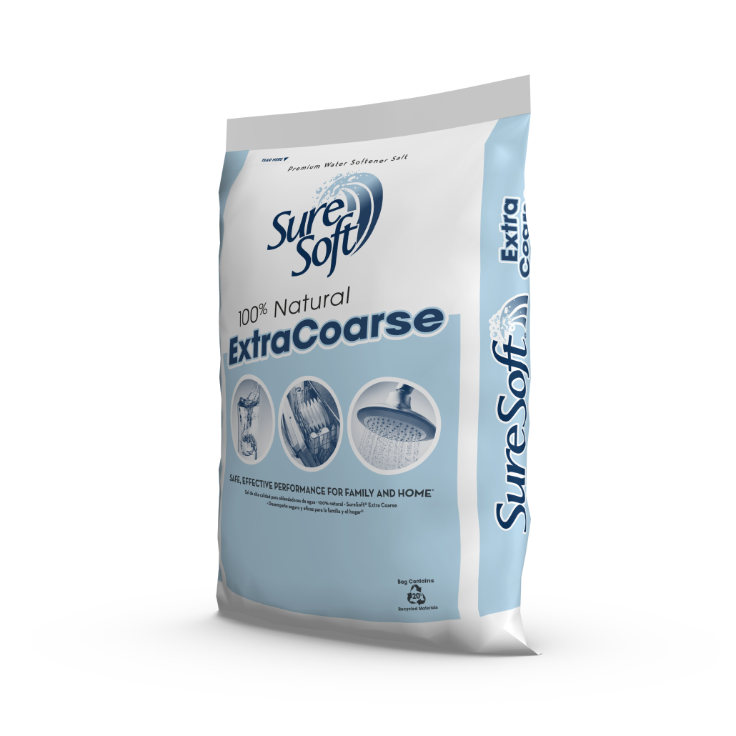 The left side of a 50-pound bag of SureSoft Extra Coarse water softener salt.