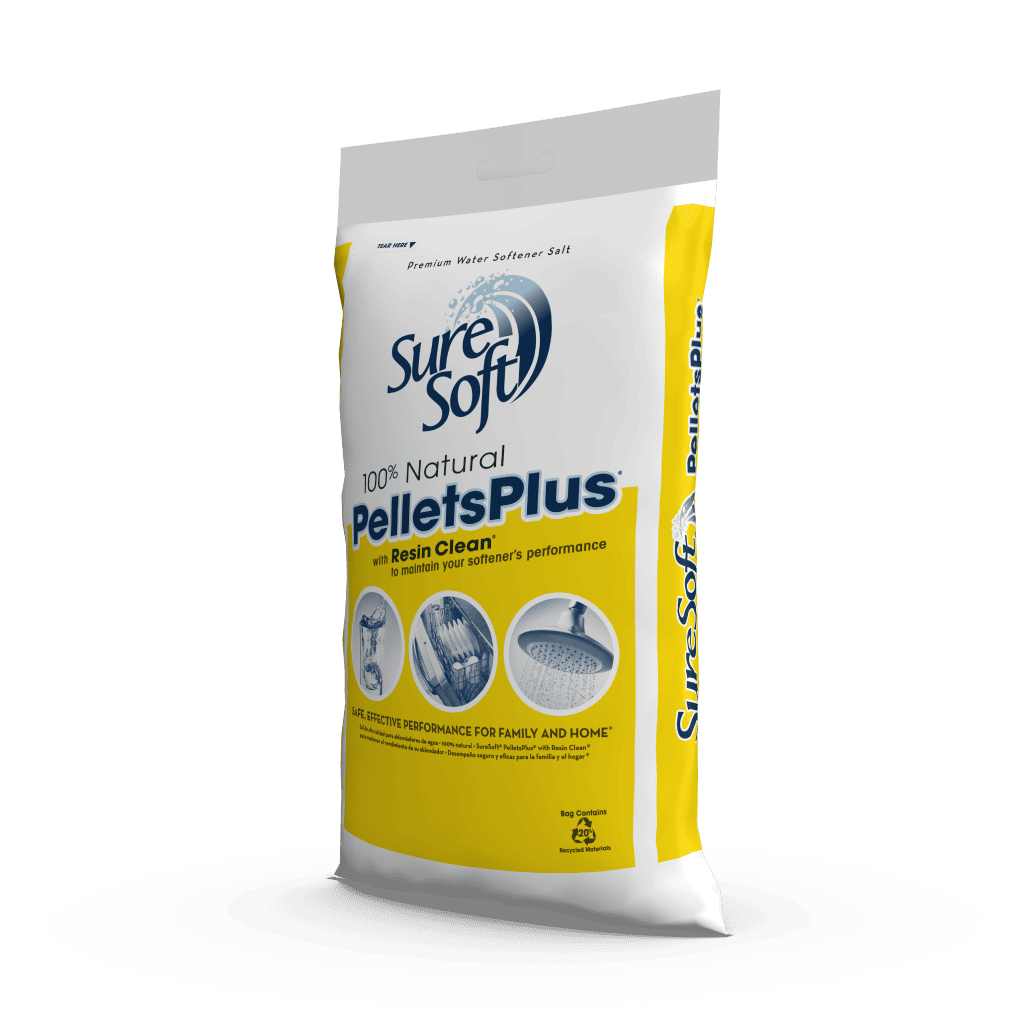 The left side of a 40-pound bag of SureSoft PelletsPlus with Resin Clean salt.