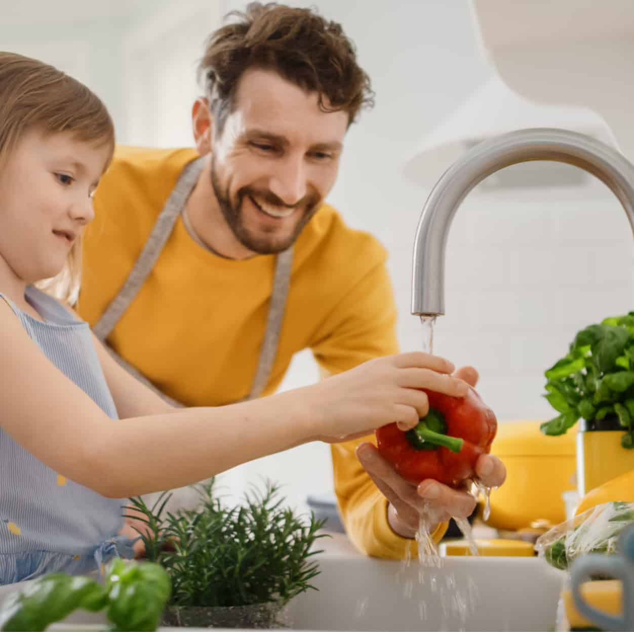 A man and a young girl washing a red pepper in the kitchen sink.