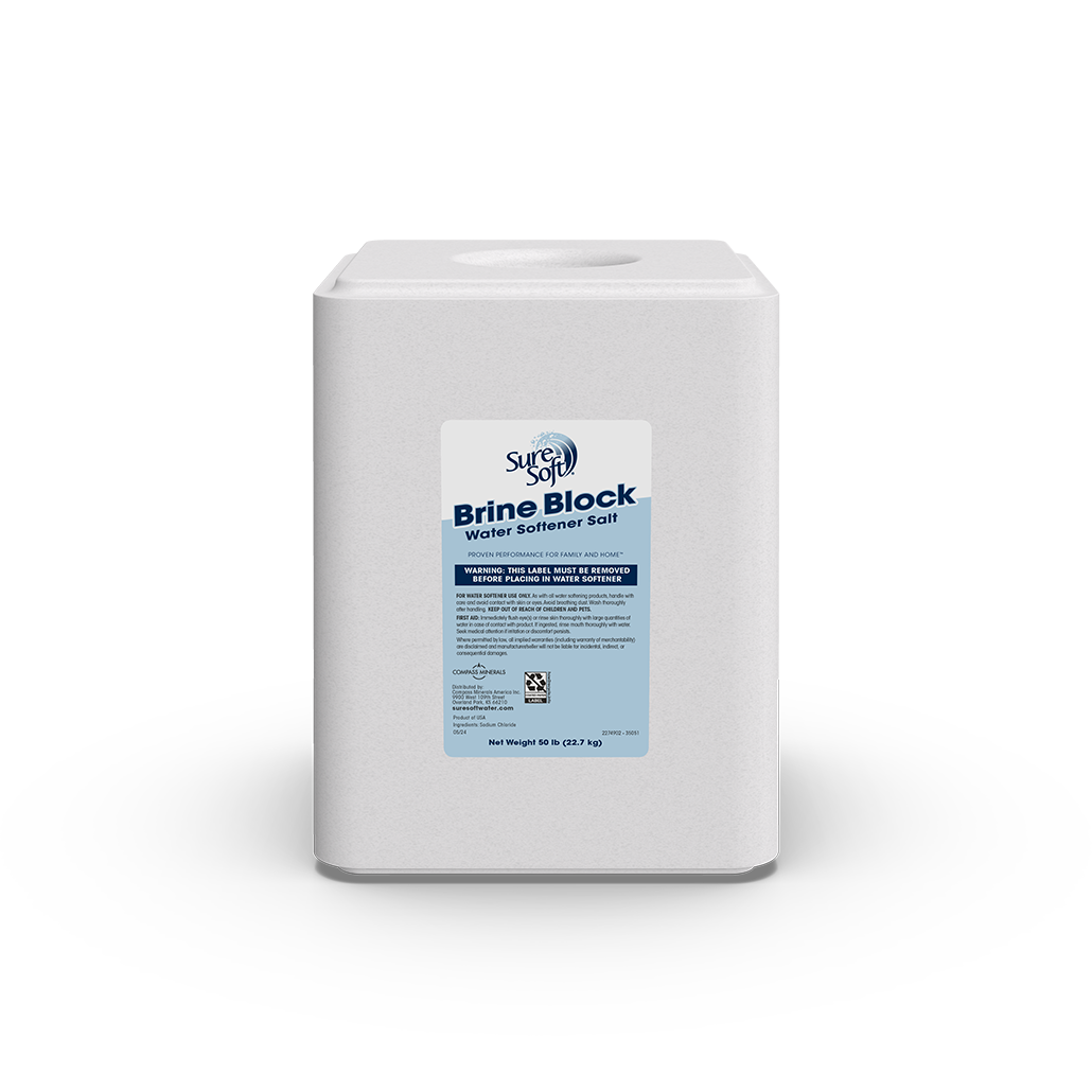 The front of a 50-pound SureSoft Brine Block.