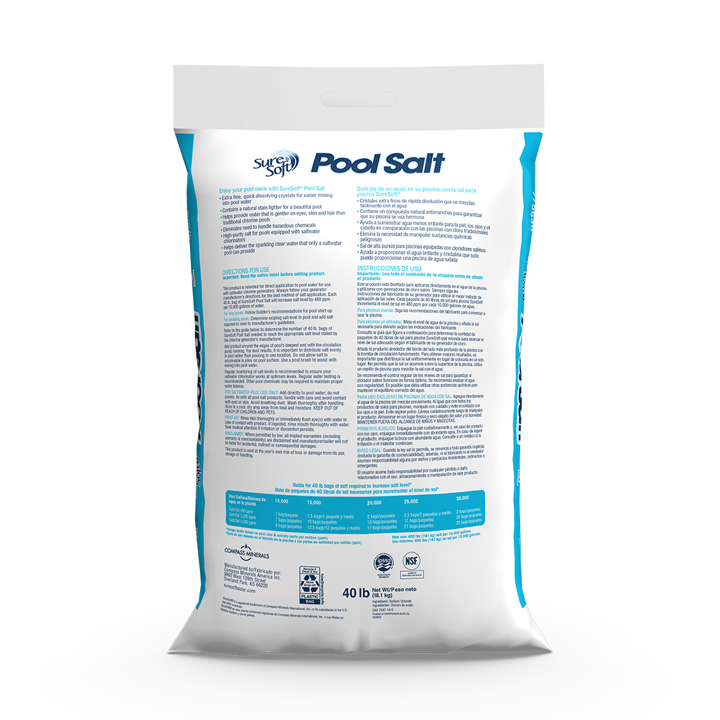 The back of a 40-pound bag of SureSoft Pool Salt.
