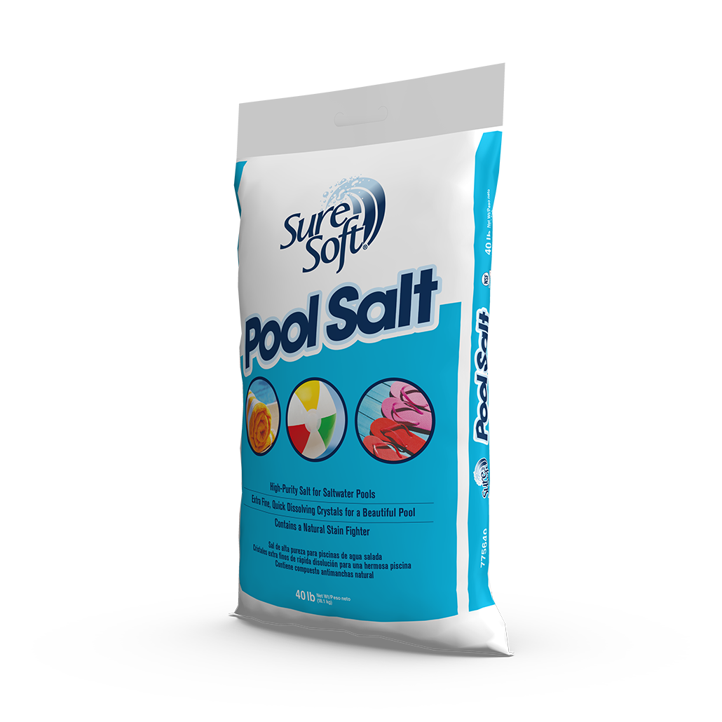 The left side of a 40-pound bag of SureSoft Pool Salt.
